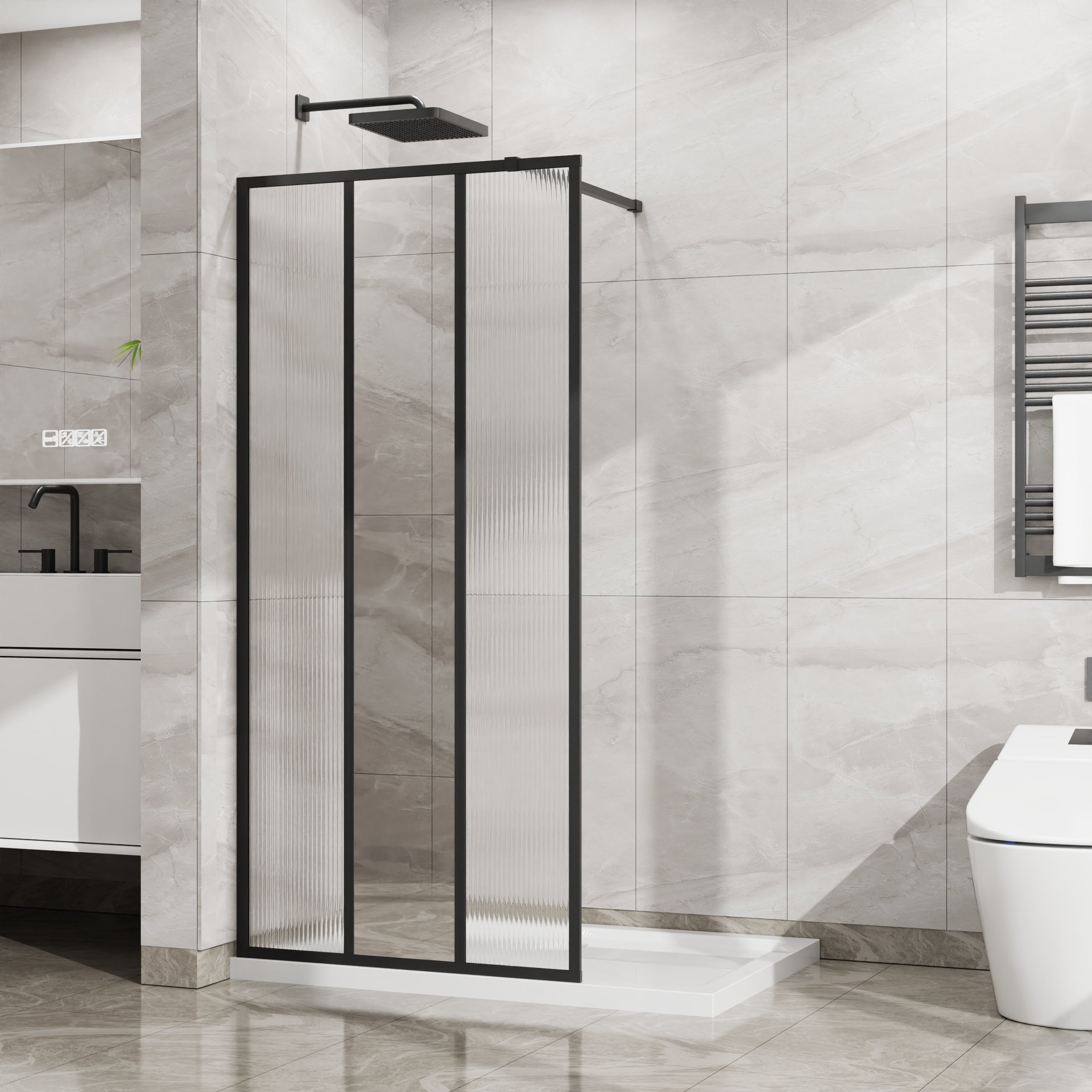 34-46 x 72 in Mirror & Fluted Fixed Shower Panel - 34 x 72 in / Matte Black view 1