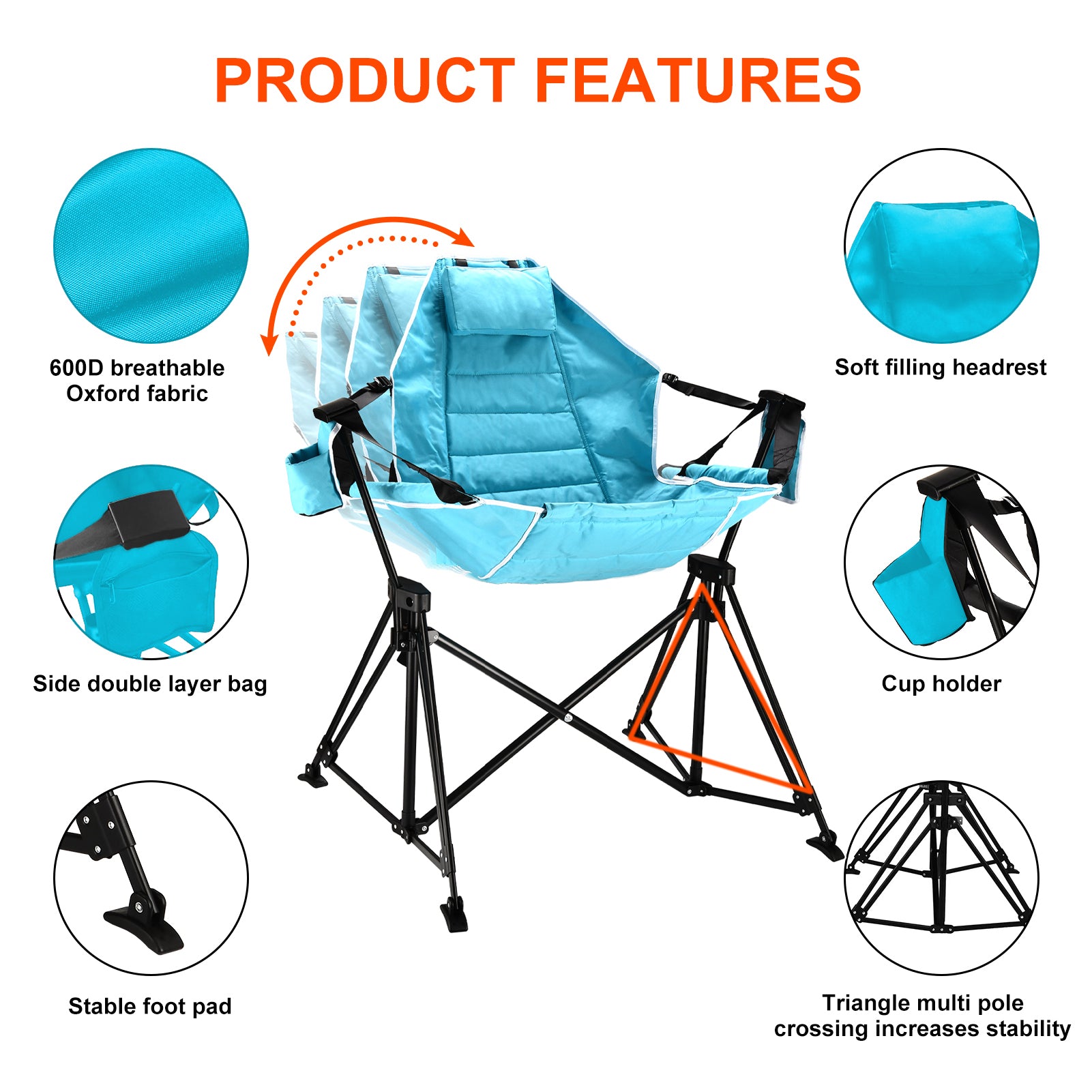 Hammock Camping Chair Folding 350 lbs Foldable Portable Rocking Chairs for Adults Outside Swinging Camp with Stand Lawn Garden Hanging Outdoor