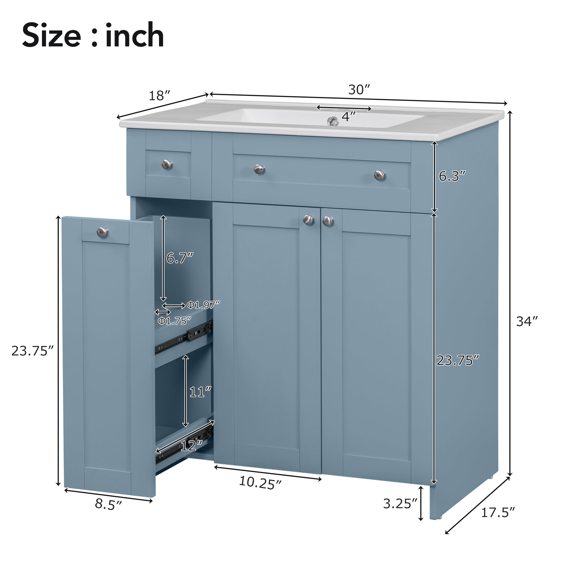 30-Inch Blue Bathroom Vanity with Ceramic Sink Combo, Abundant Storage Cabinet - 2 Soft close Doors and Double-tier Deep Drawer