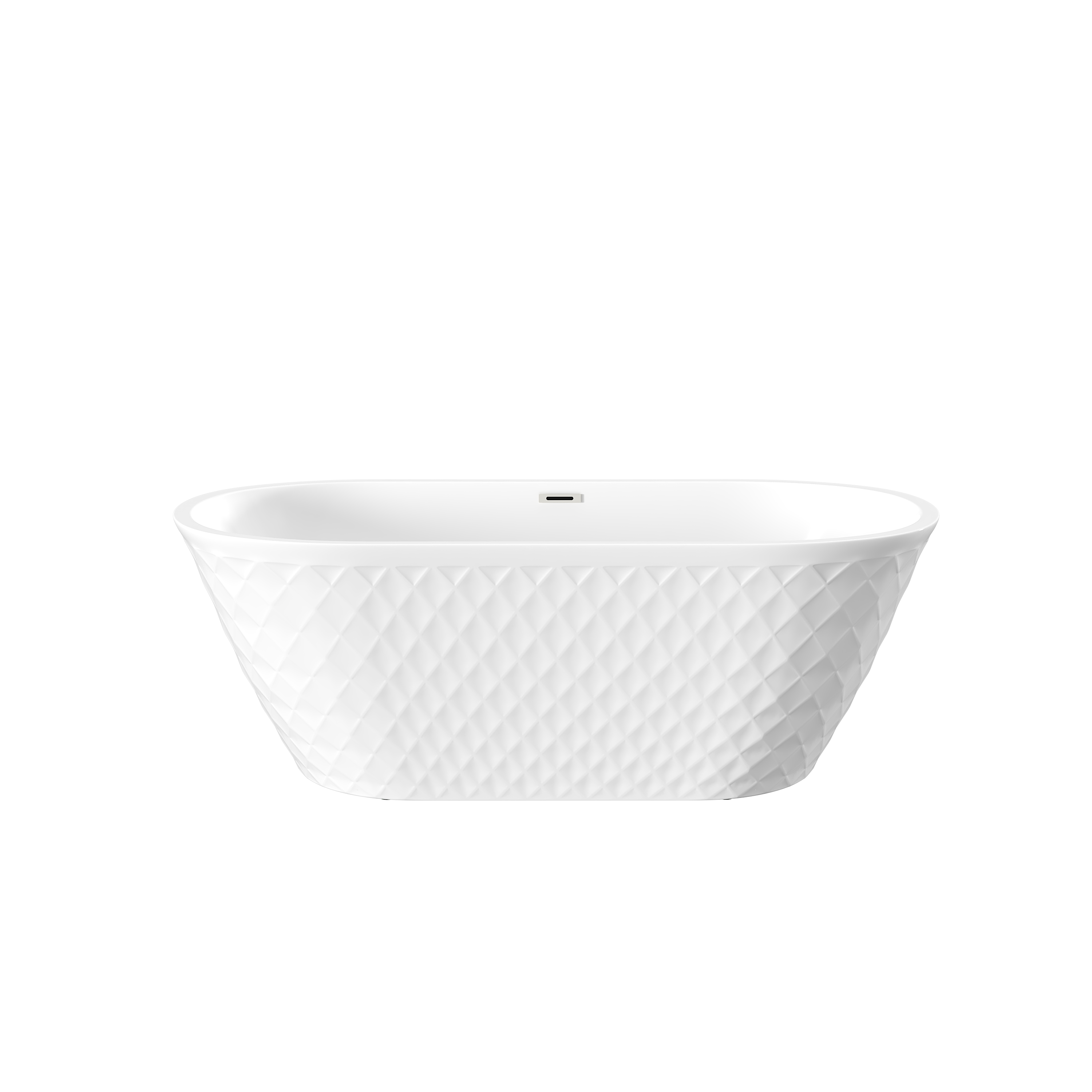 67'' acrylic freestanding bathtub with unique diamond pattern design: spacious oval shape,  Gloss white finish, Chrome overflow and pop-up drain CUPC Certificate