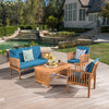 Outdoor Acacia Wood Sofa Set with Water Resistant Cushions, 4-Pcs Set, Brown Patina / Teal Blue