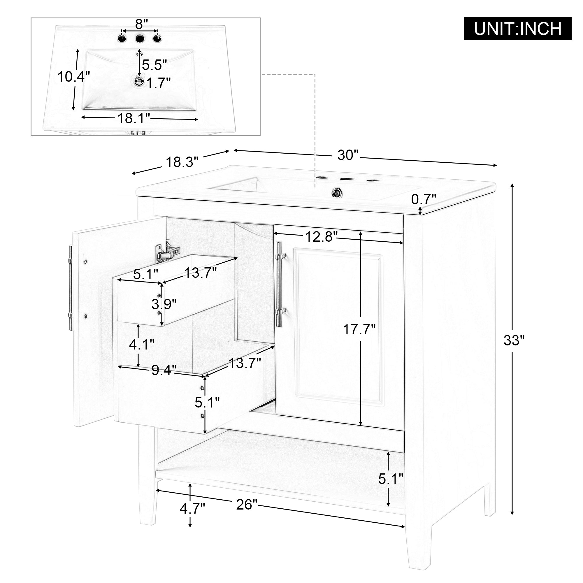 30" Bathroom Vanity with Sink, Multi-functional Bathroom Cabinet with Doors and Drawers, Solid Frame and MDF Board, White