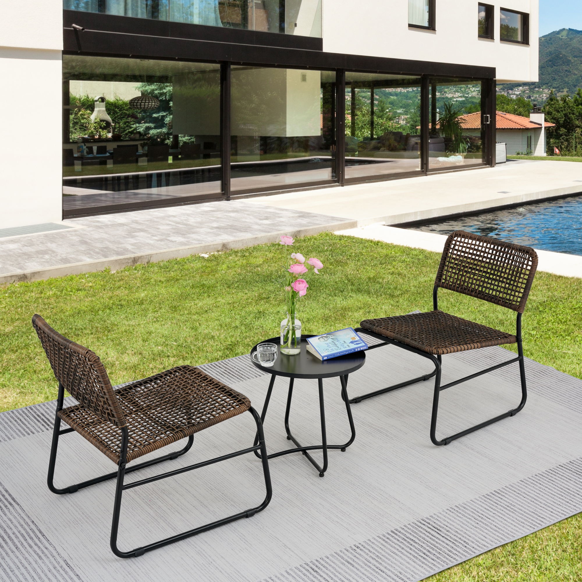 Patio Furniture Set 3 Piece Mixture Pattern PE Rattan Steel Frame And Modern Round Table, Brown and Black