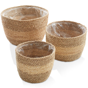 3pc Seagrass Planter Baskets with Liners, Indoor Plant Flower Pot Covers