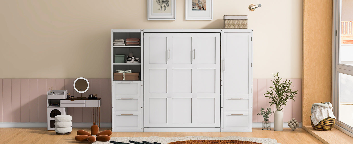 Queen Size Murphy Bed Wall Bed with Closet ,Drawers and Shelves,White