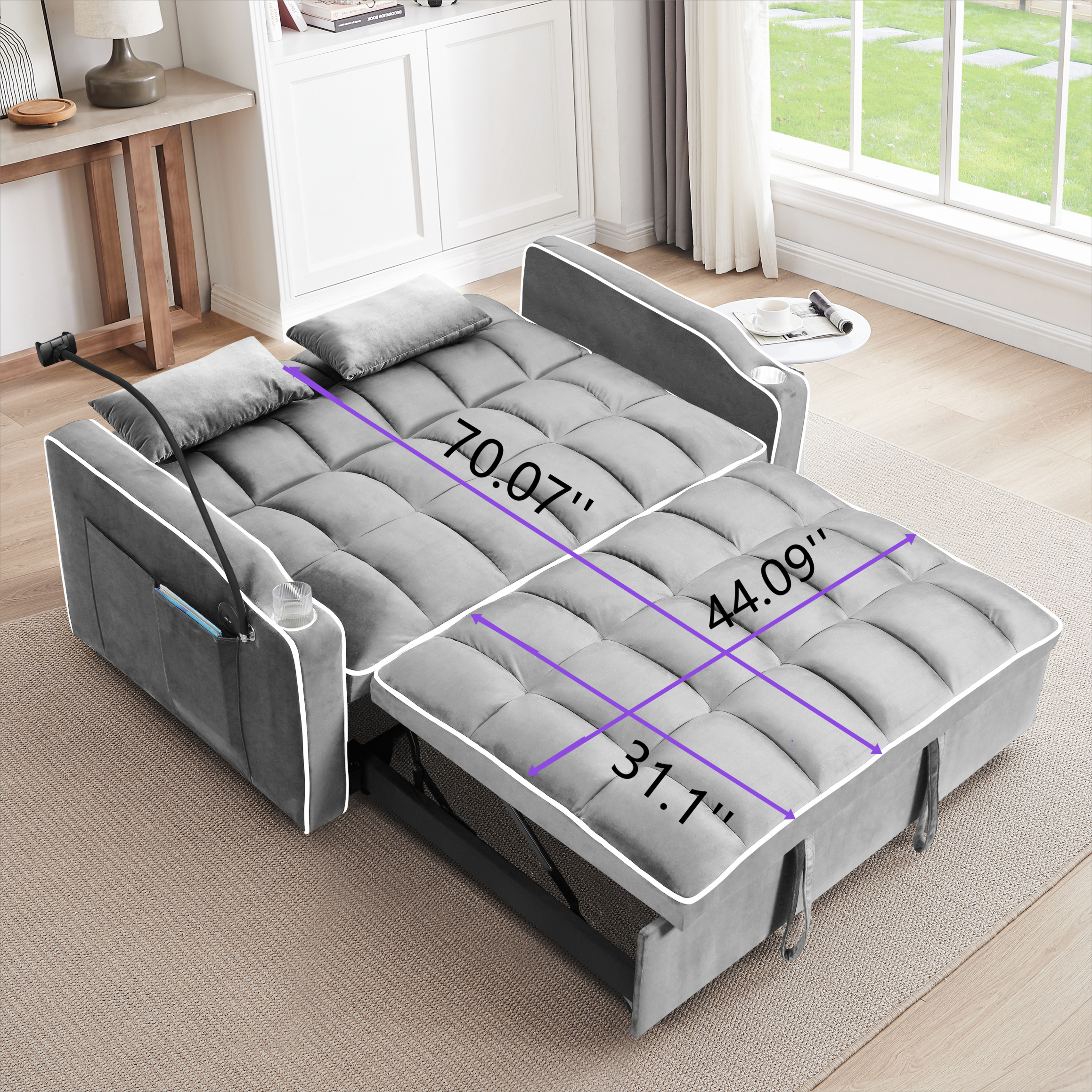 Multi-functional pullout sofa bed, 3 lengths, modern sofa sofa velvet pull-out bed, adjustable back, with USB port, ashtray and swivel phone stand( light grey)