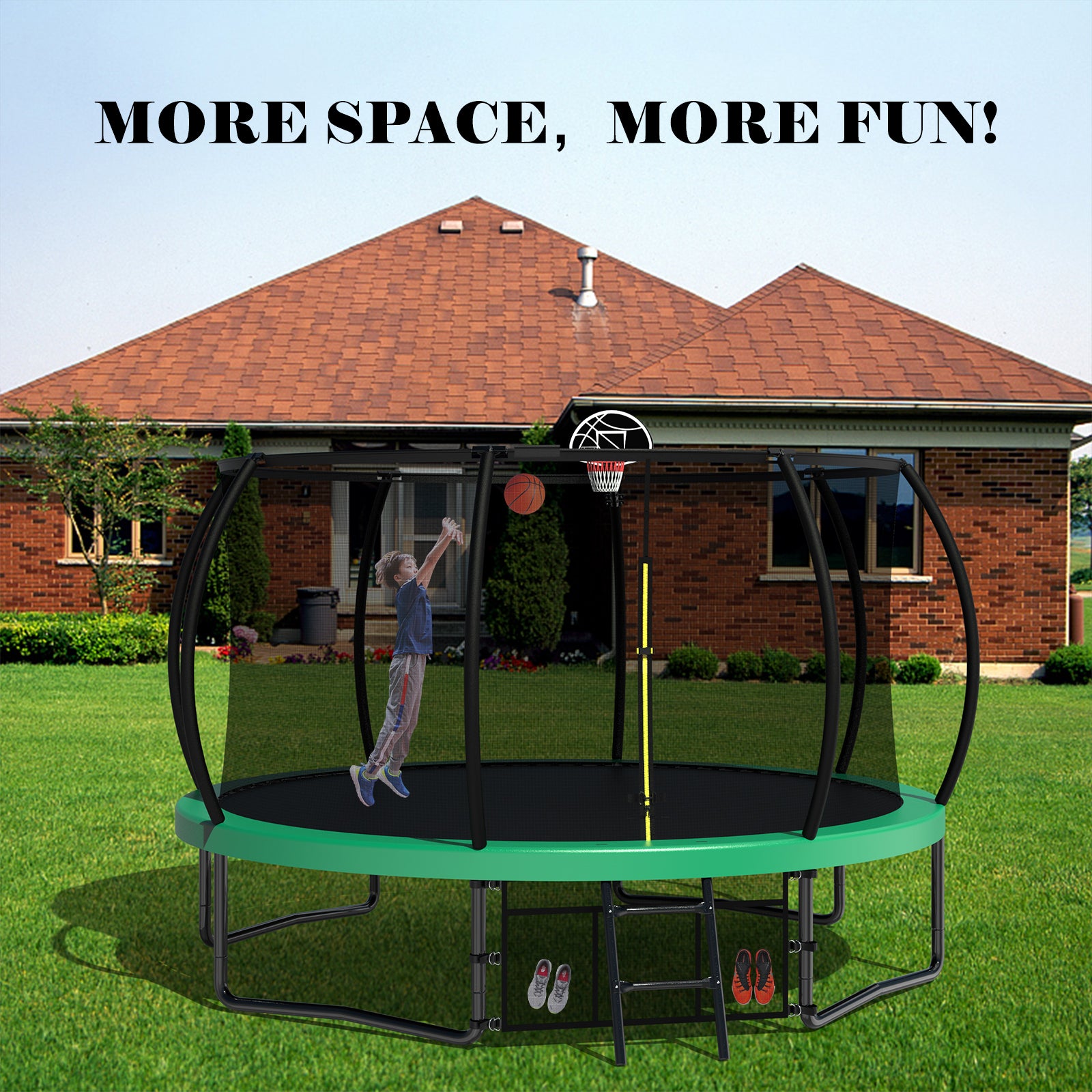 12FT Recreational Kids Trampoline with Safety Enclosure Net & Ladder, Outdoor Recreational Trampolines