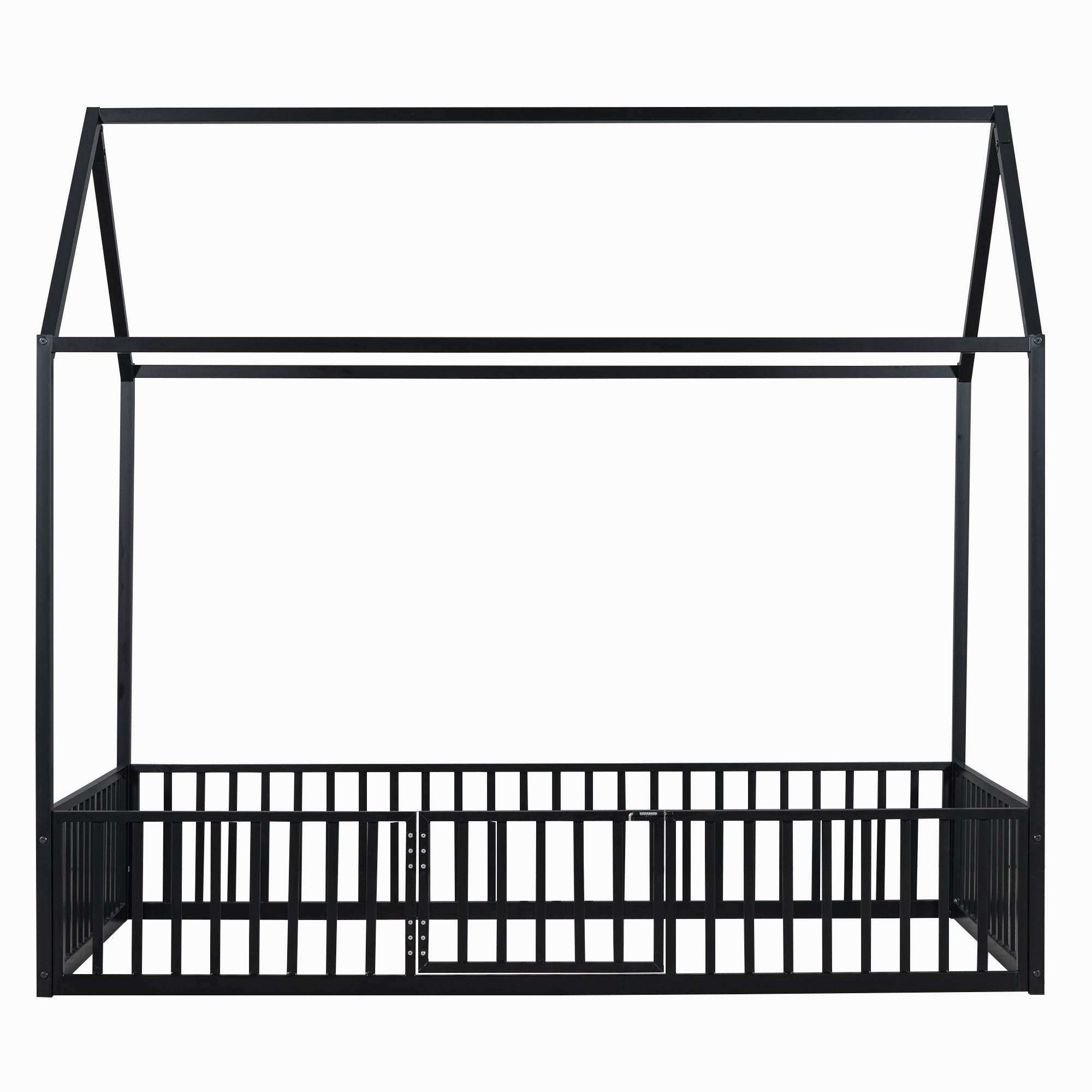 Twin Size Metal House Bed with Fence and Door, Black