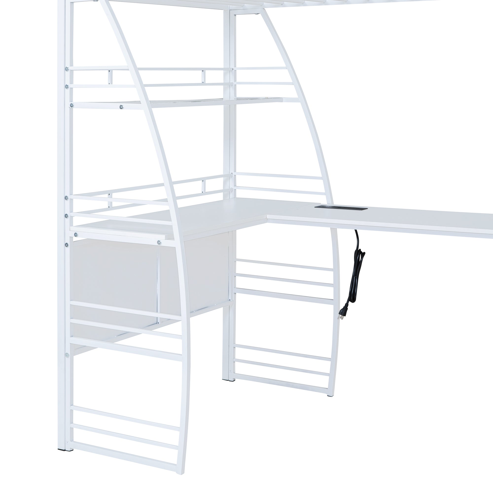 Twin Size Loft Bed with 4 Layers of Shelves and L-shaped Desk, Stylish Metal Frame Bed with a set of Sockets, USB Ports and and Wireless Charging, White