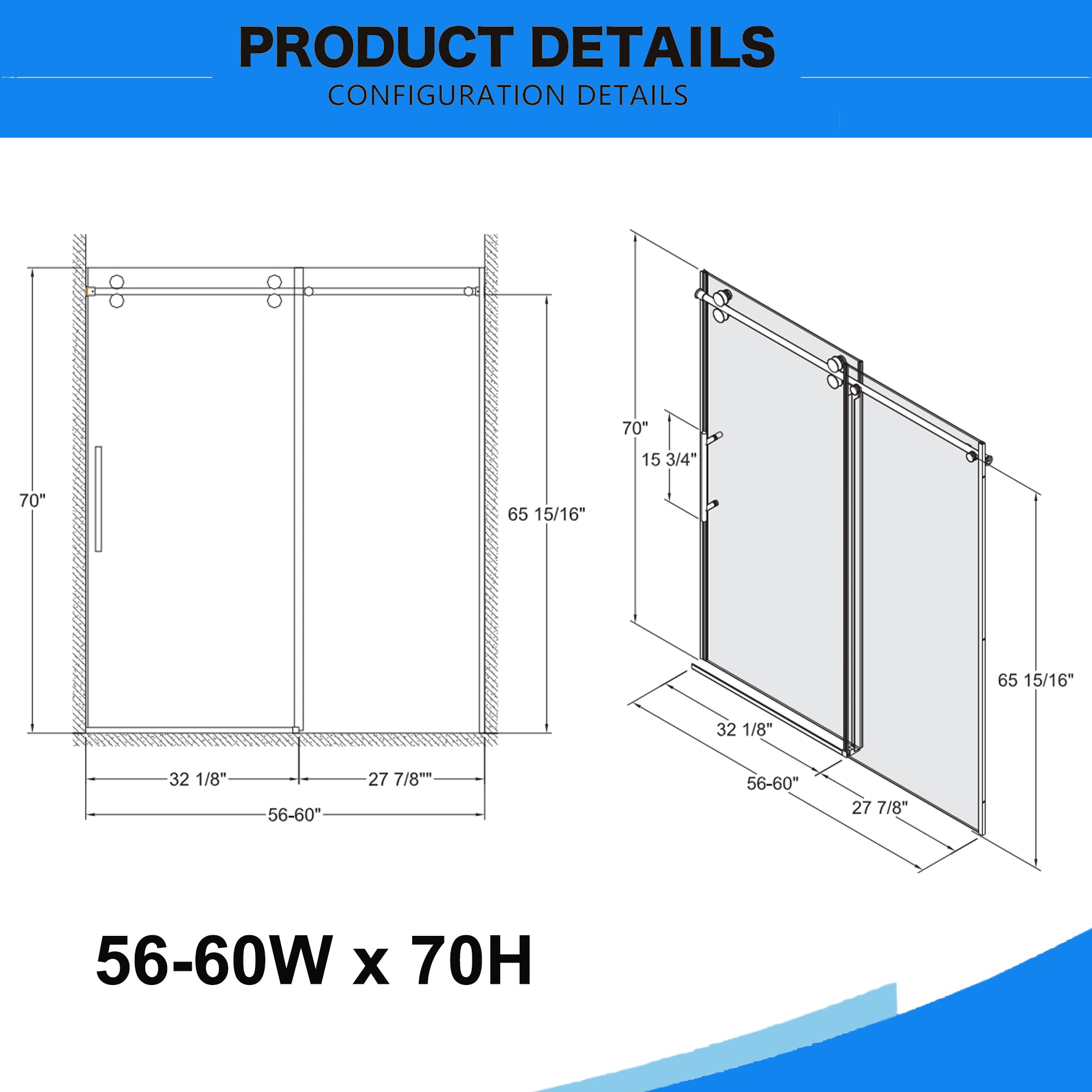 56"-60"W x 70"H Frameless Shower Door, Sliding Shower Door, with Premium 5/16"(8mm) Thick Tempered Glass Shower Enclosure ,Double Side Easy Clean Coat,Chrom Finished With Buffer