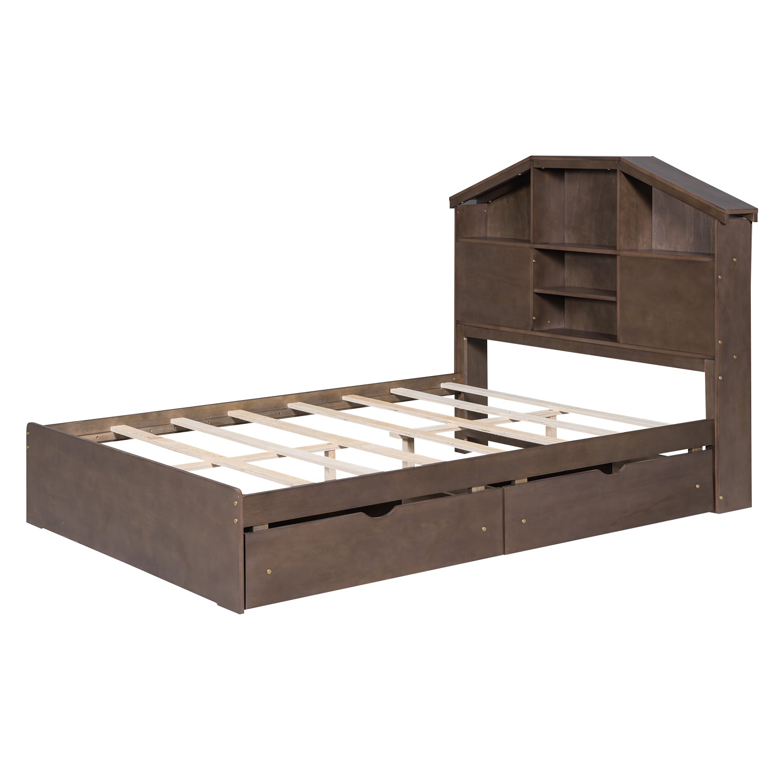 Full Size Wood Platform Bed with House-shaped Storage Headboard and 2 Drawers, Walnut