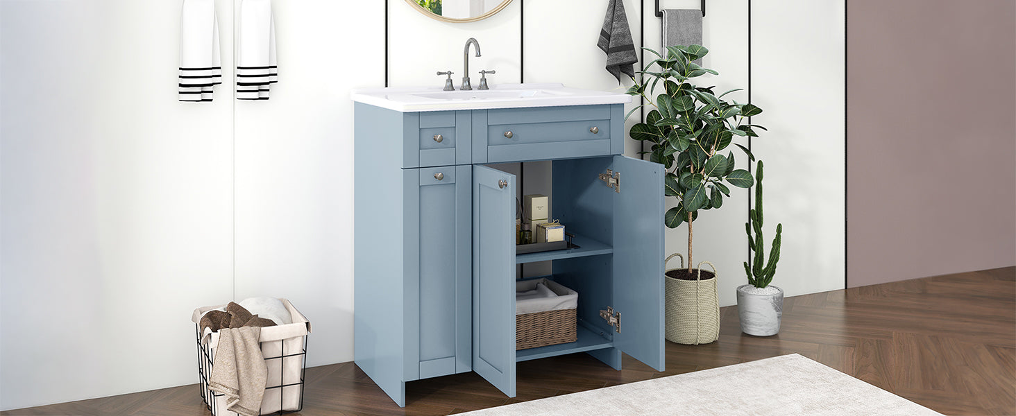 30-Inch Blue Bathroom Vanity with Ceramic Sink Combo, Abundant Storage Cabinet - 2 Soft close Doors and Double-tier Deep Drawer