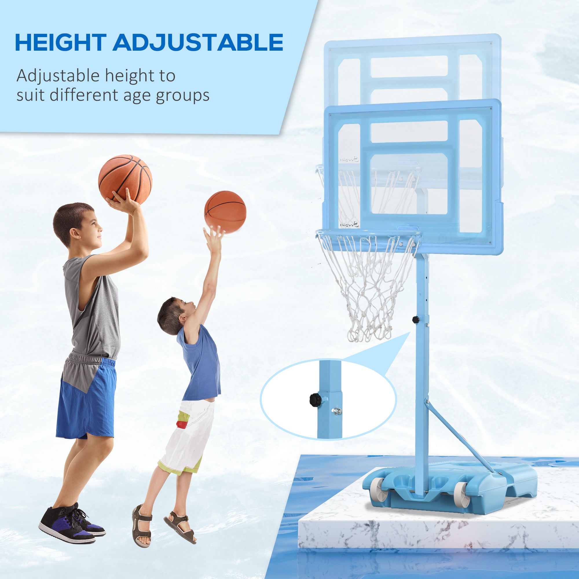 Soozier Poolside Basketball Hoop Stand, 36.5"-48.5" Height Adjustable Portable Hoop System w/ Clear Backboard & Fillable Base for Whole Family, Blue, White