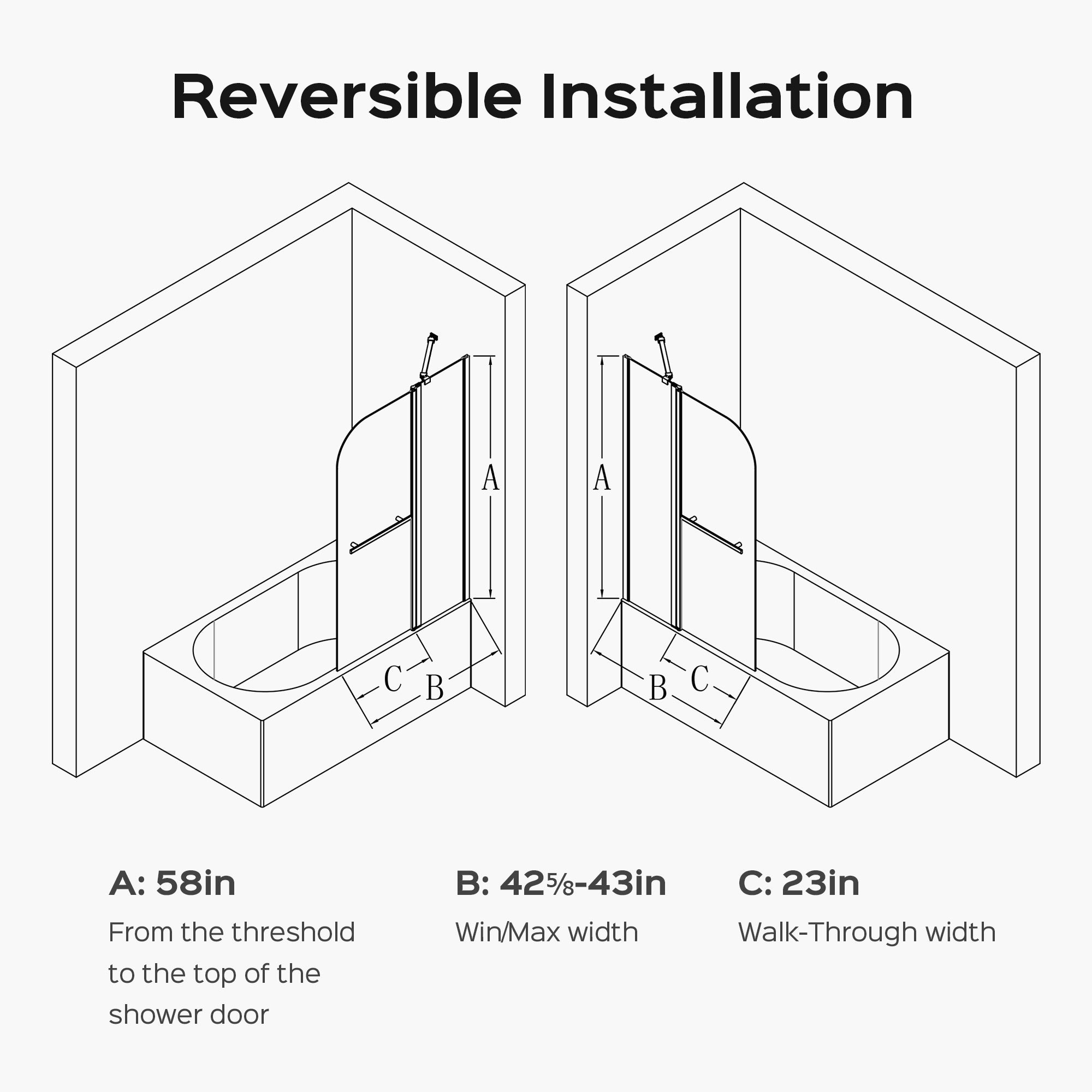 43 in. W * 58 in. H Frameless Folding Shower Doors for Bathtub, 1/4" (6mm) Thick SGCC Tempered Glass Door, Bathroom Pivot Tub Glass Door, Brushed Gold