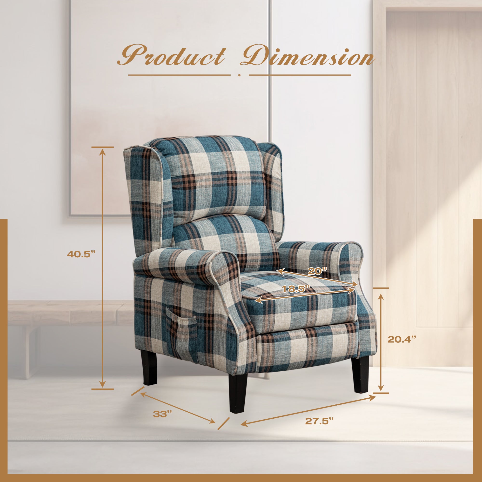 Vintage Armchair Sofa Comfortable Upholstered leisure chair / Recliner Chair for Living Room(Blue Check)