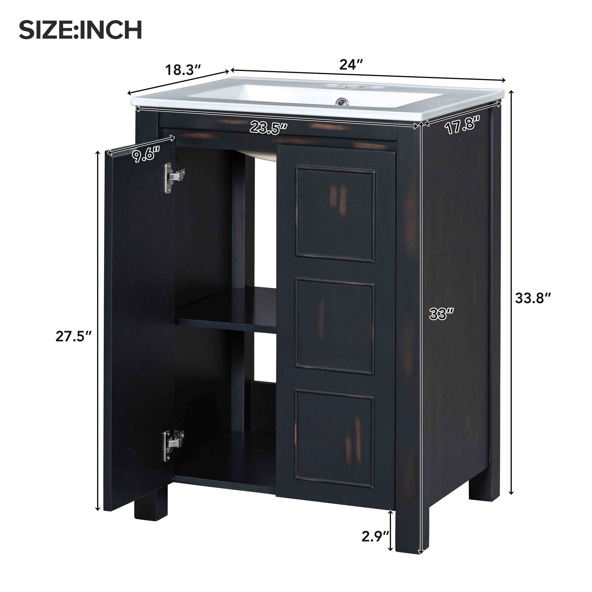 24x18x34 Inches Vintage Style Small Bathroom Vanity Combo with Ceramic Sink, 2 Soft-close Doors