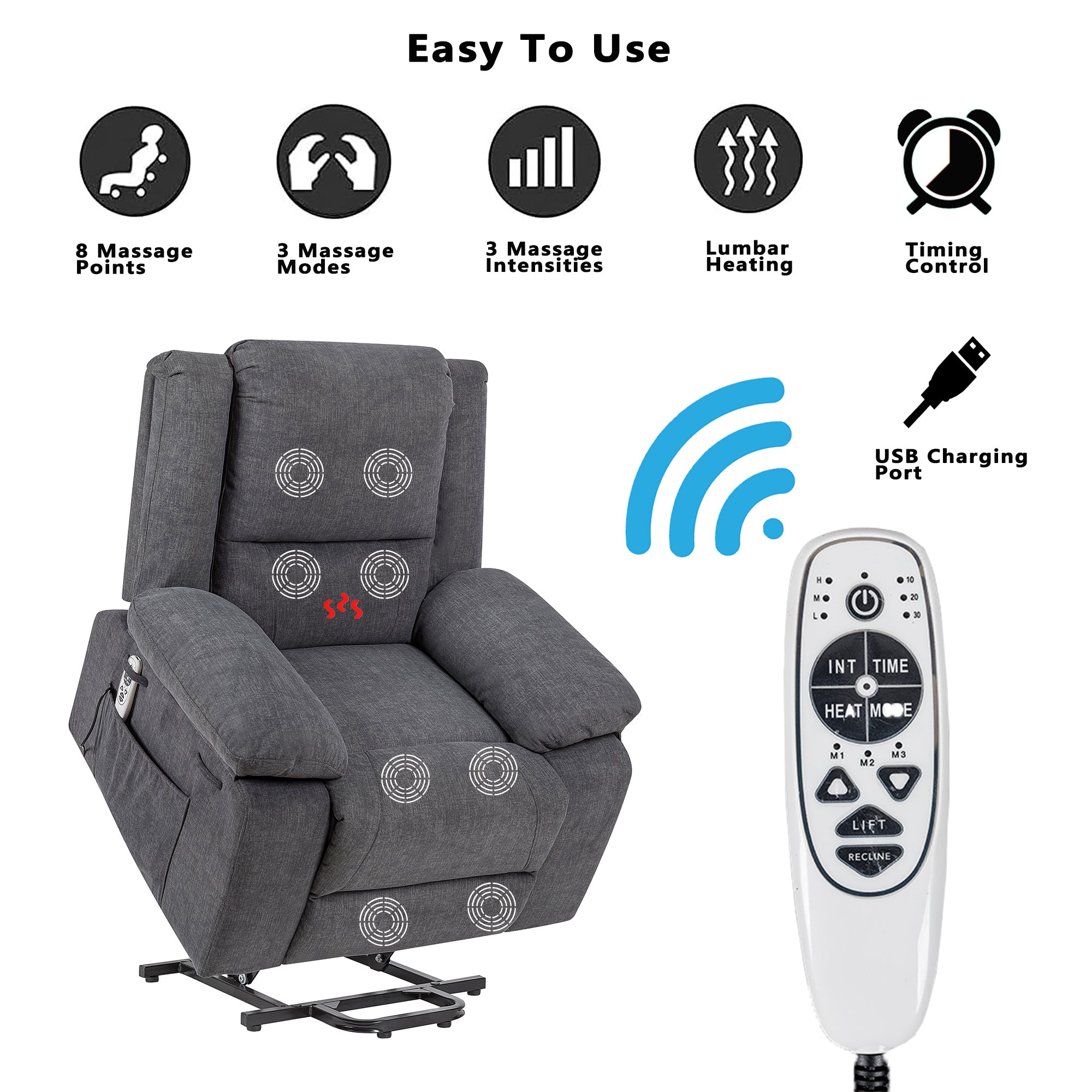 Electric Power Recliner Chair With Massage For Elderly ,Remote Control Multi-function Lifting, Timing, Cushion Heating Chair With Side Pocket Dark Grey