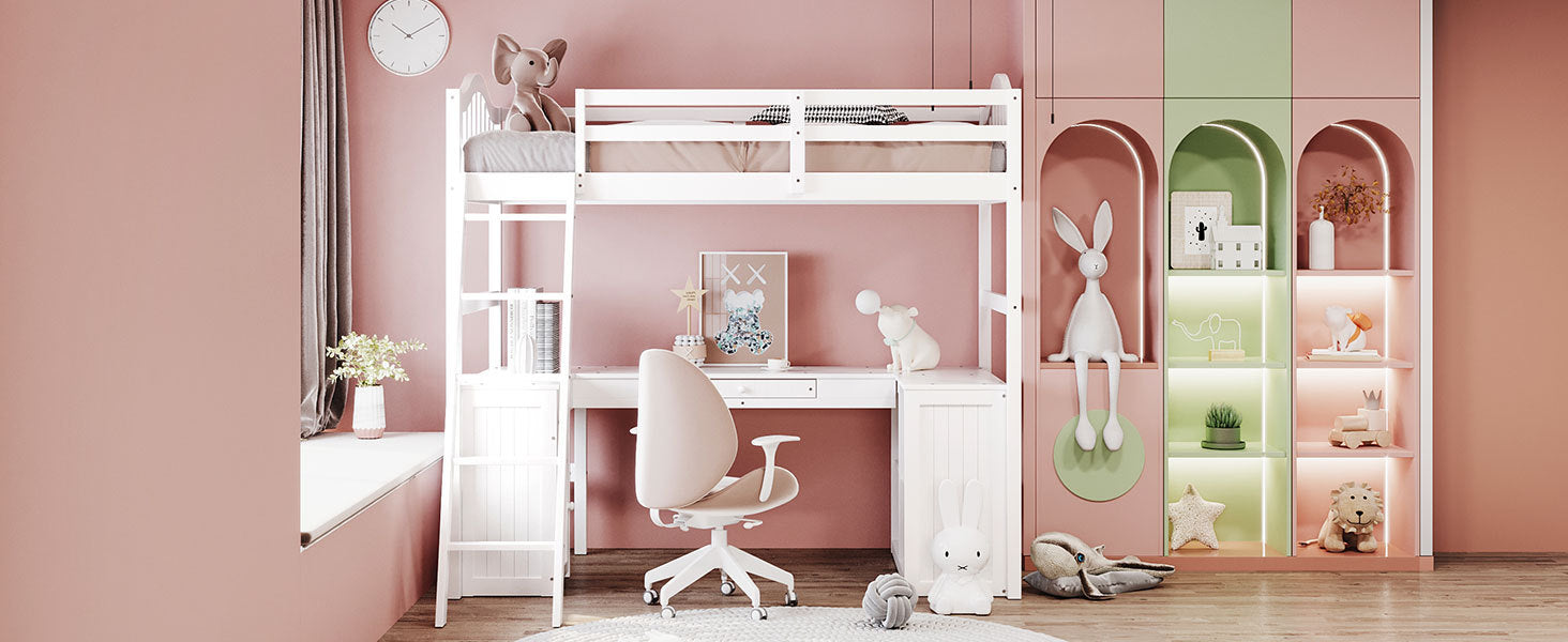 Twin size Loft Bed with Drawers, Cabinet, Shelves and Desk, Wooden Loft Bed with Desk - White(OLD SKU :LT000505AAK)