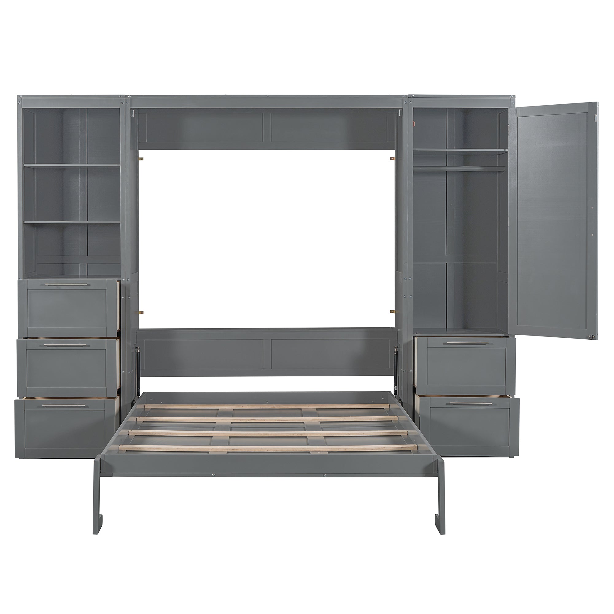 Queen Size Murphy Bed Wall Bed with Closet ,Drawers and Shelves,Gray