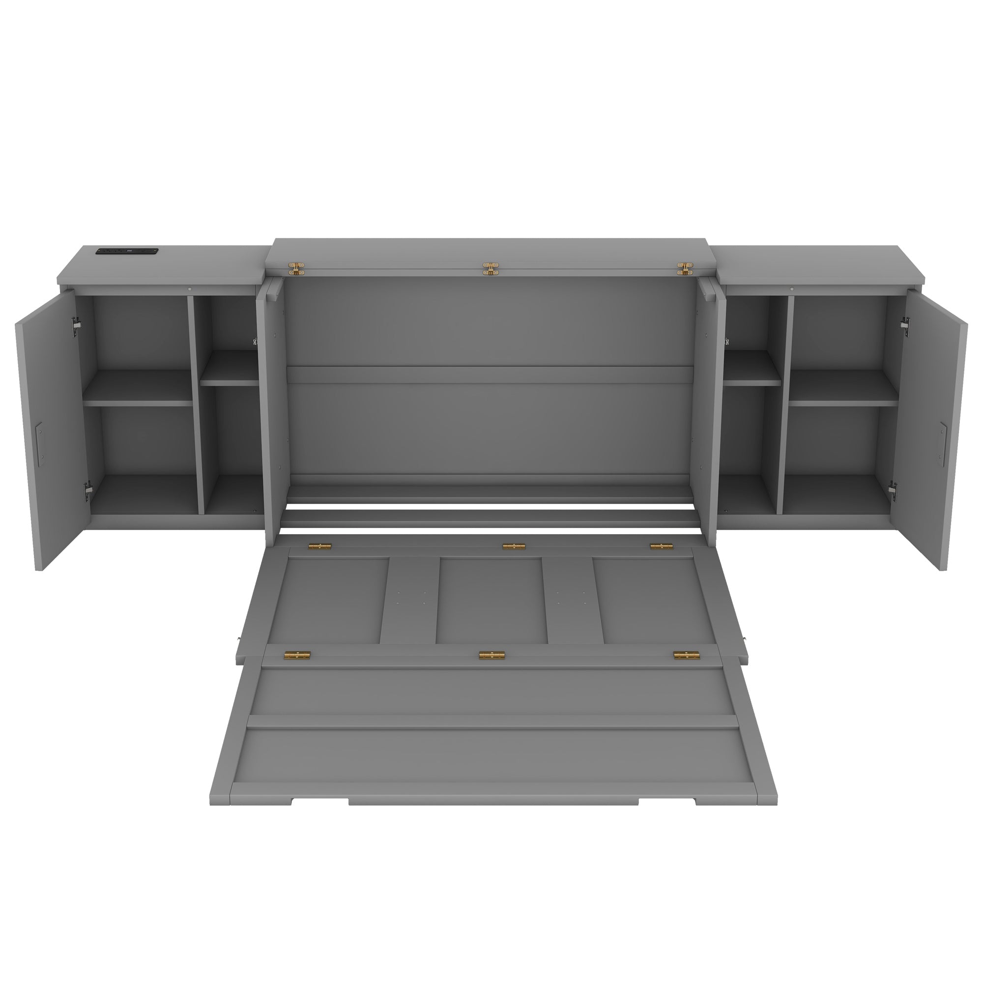 Full Size Murphy Bed with Shelves, Cabinets and USB Ports,Gray