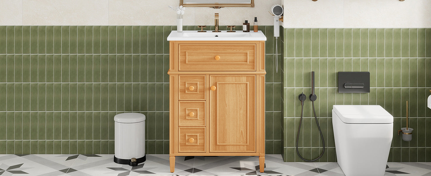 24-inch wood vanity cabinet with soft-close drawers, angled view