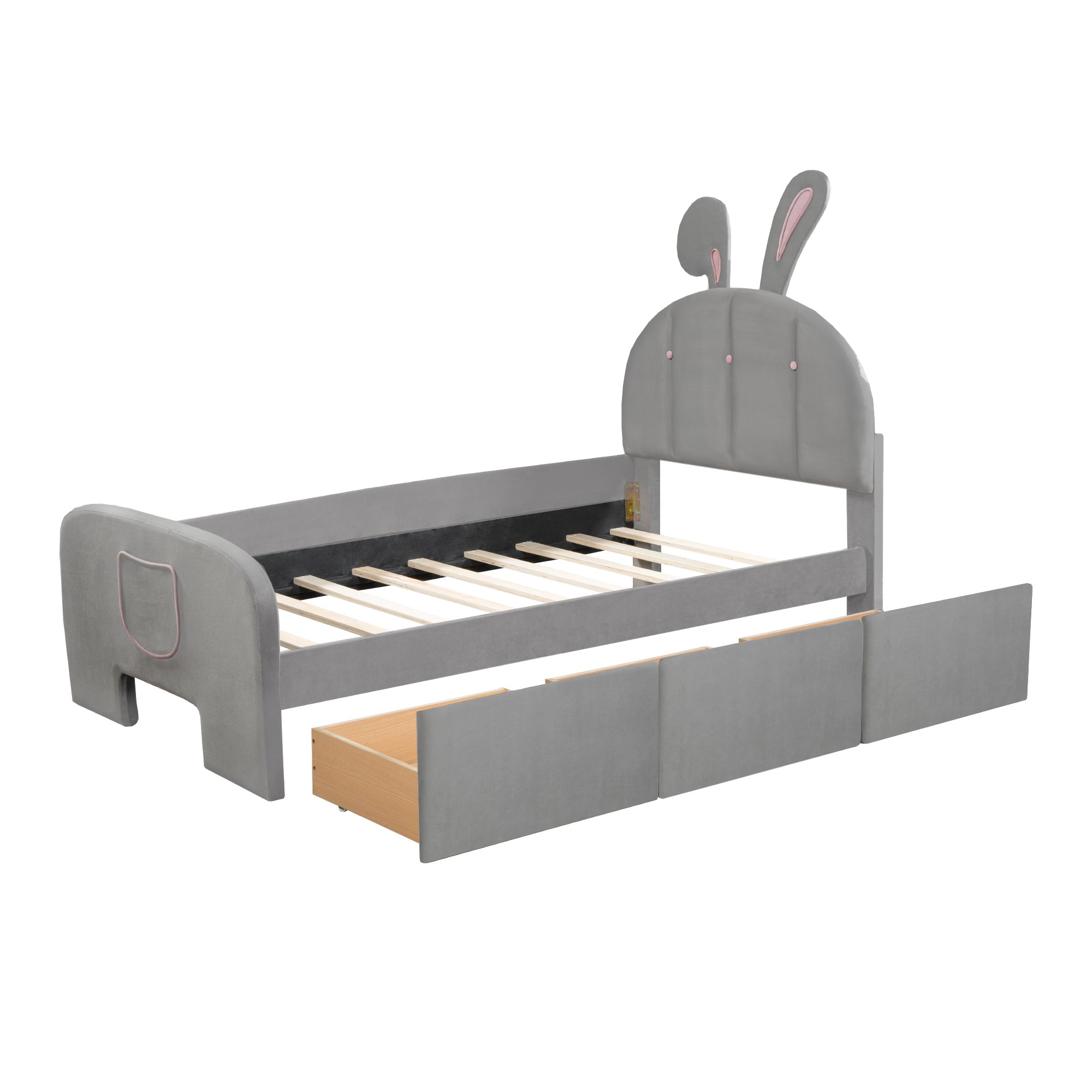 Twin Size Velvet Platform Bed with Rabbit-Shaped Headboard, with Drawers, with Bed-End Storage Pocket, Gray