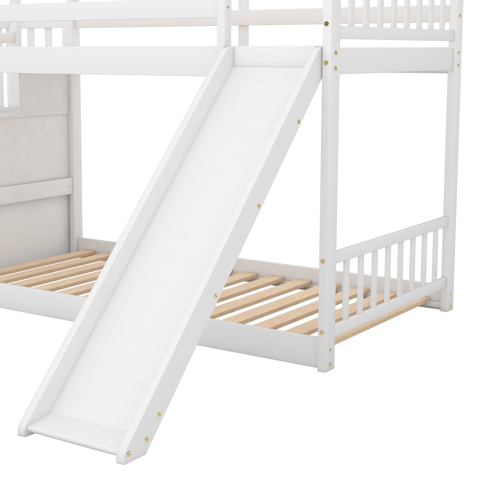 Twin over Twin Bunk Bed with Convertible Slide and Stairway, White