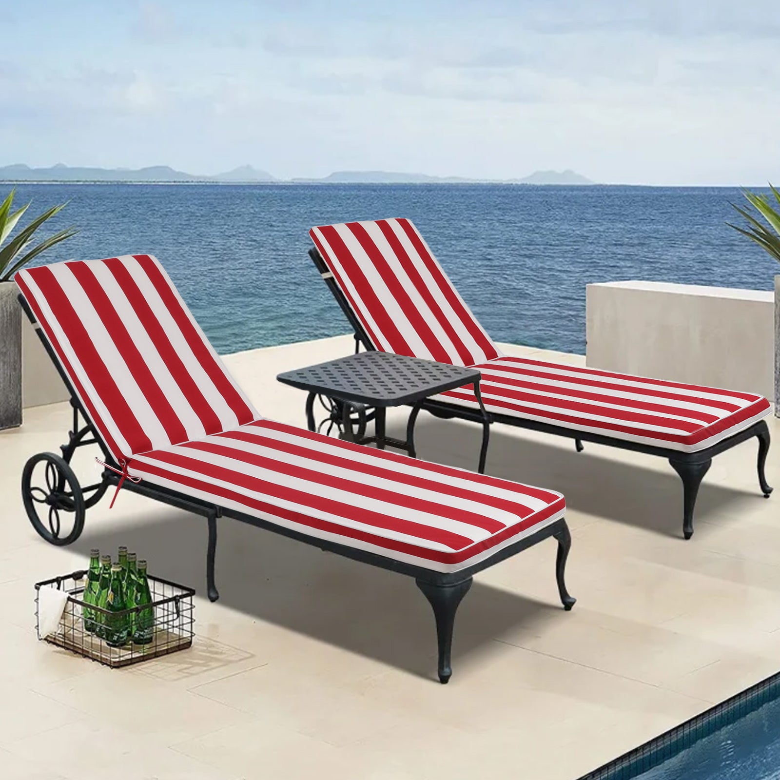 1PCS Set Outdoor Lounge Chair Cushion Replacement Patio Funiture Seat Cushion Chaise Lounge Cushion-Red/white