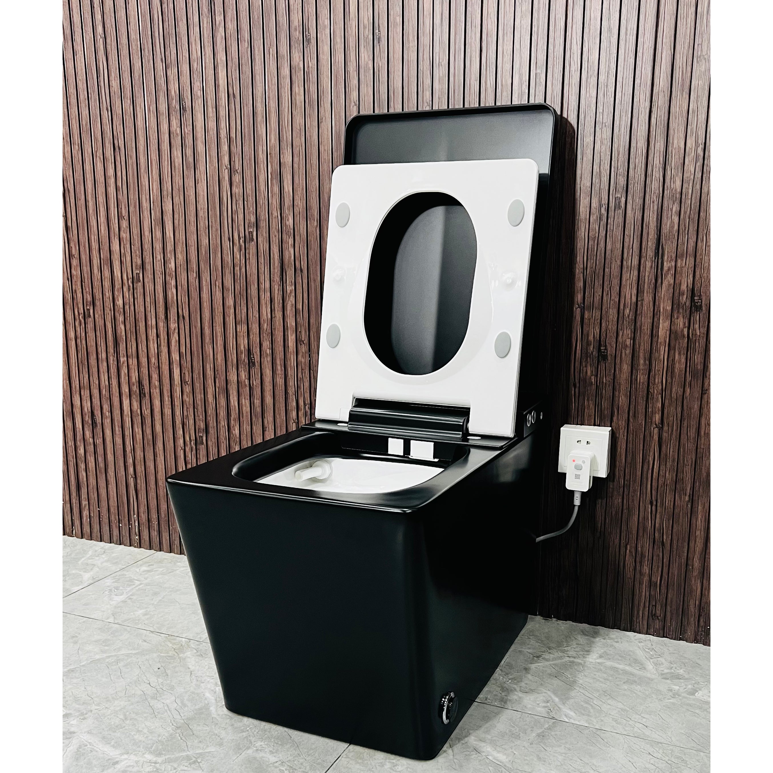 Black Square Smart Toilet with Built-in Tank for Bathroom, Remote Control, Tankless Bidet Toilet with Foot Touching Lid Opening, Auto Flush, Heated Seat, LED Digital Display, User Memory, Matte Black