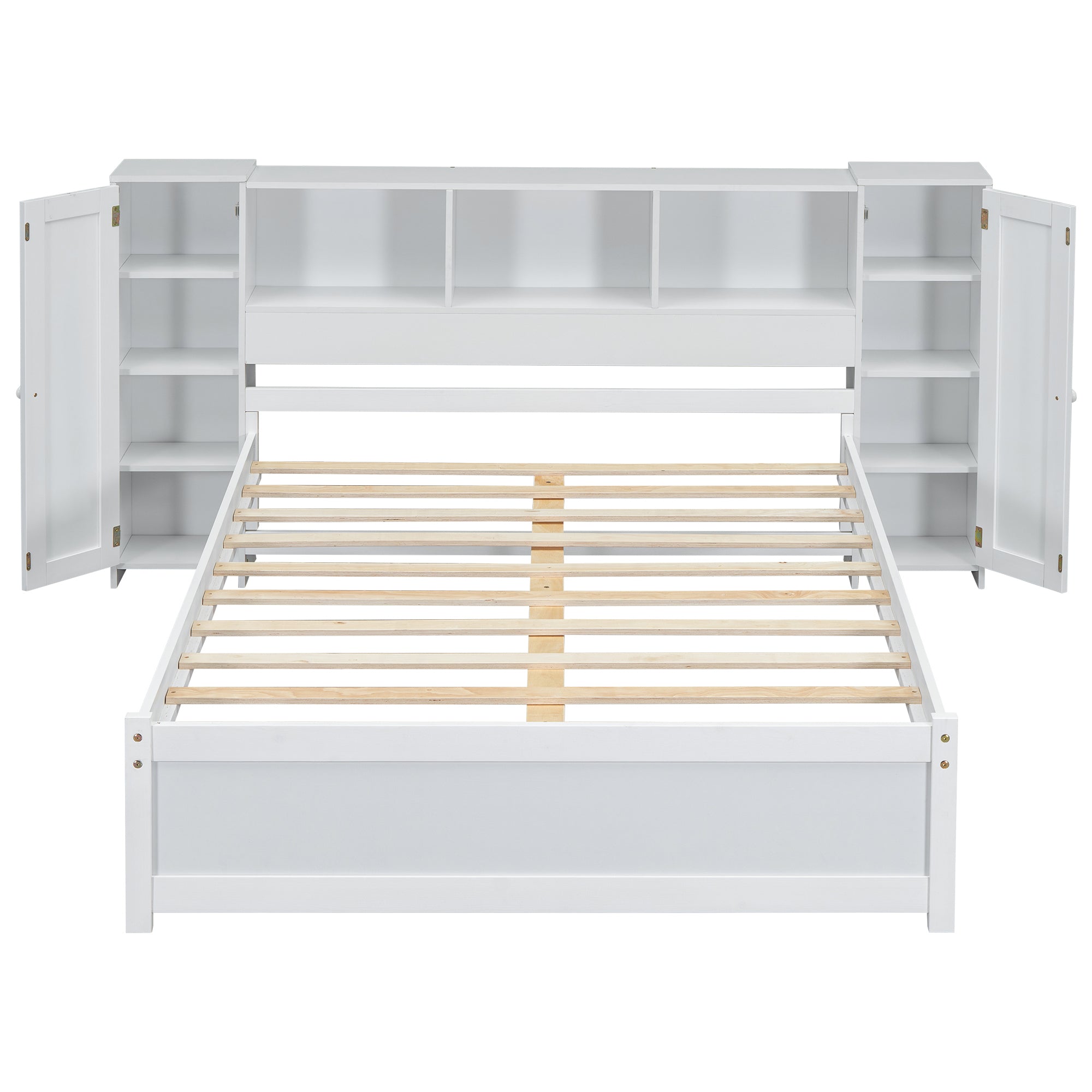 Full Size Platform Bed with Storage Headboard and Lockers, White