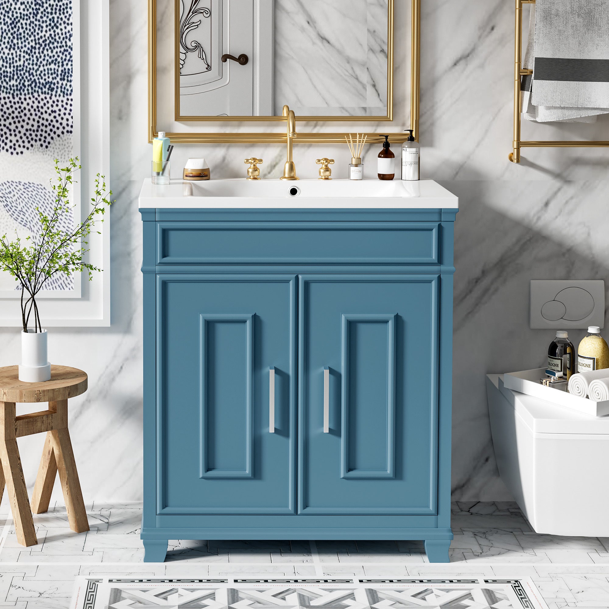 30 Inch Bathroom Vanity with Ceramic Sink, Freestanding Bathroom Vanity Set with Storage Shelf, Storage Cabinet for Bathroom, Solid Wood Frame Bathroom Cabinet, Blue