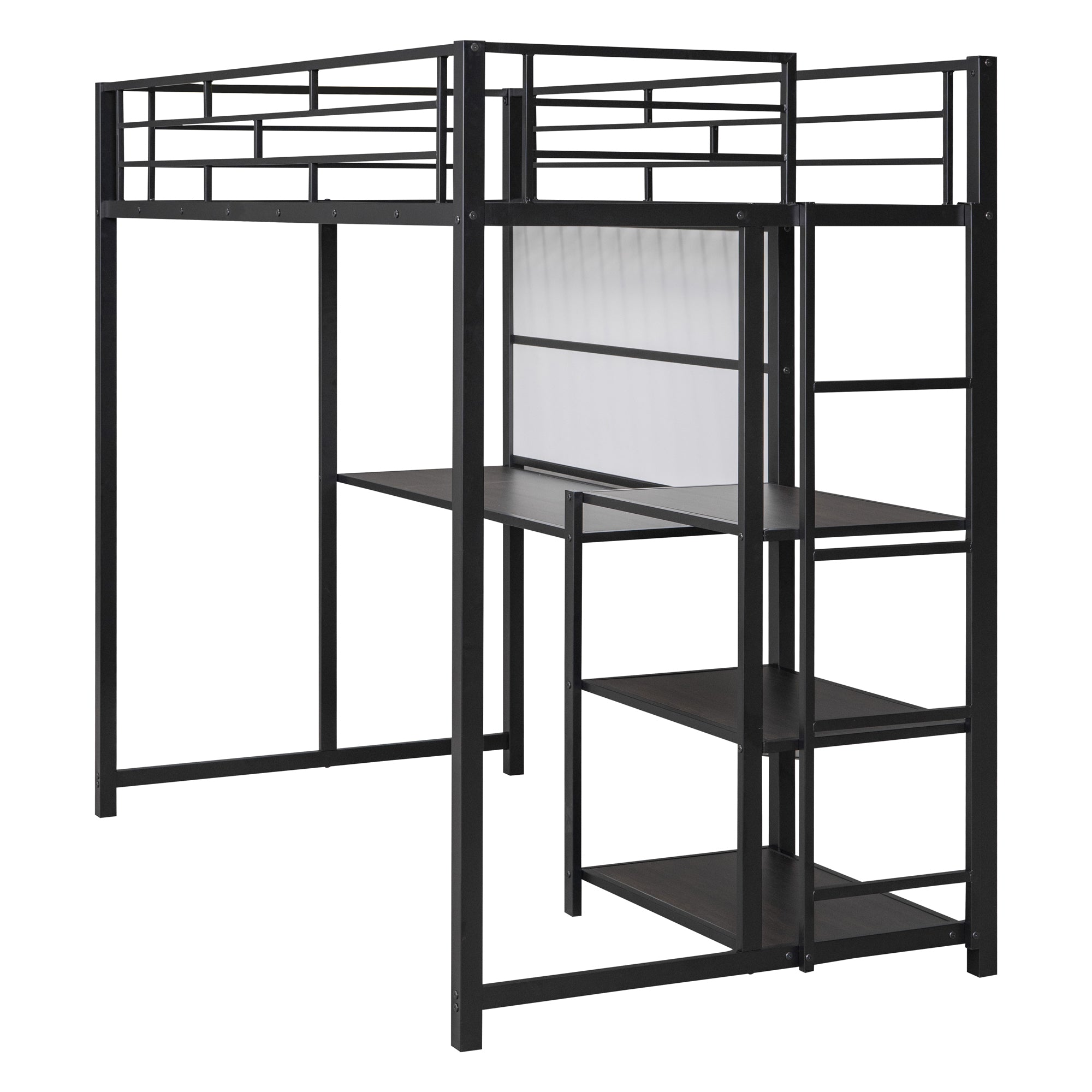 Twin Size Loft Bed with Desk and Whiteboard, Metal Loft Bed with 3 Shelves and Ladder, Black