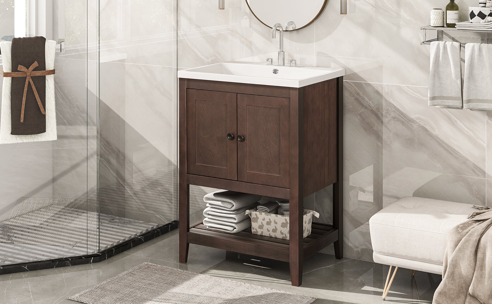 [VIDEO] 24" Brown Modern Sleek Bathroom Vanity Elegant Ceramic Sink with Solid Wood Frame Open Style Shelf (OLD SKU: JL000004AAD)