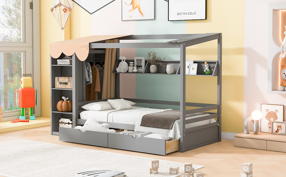 Twin size House Bed with Two Drawers and Wardrobe,Gray