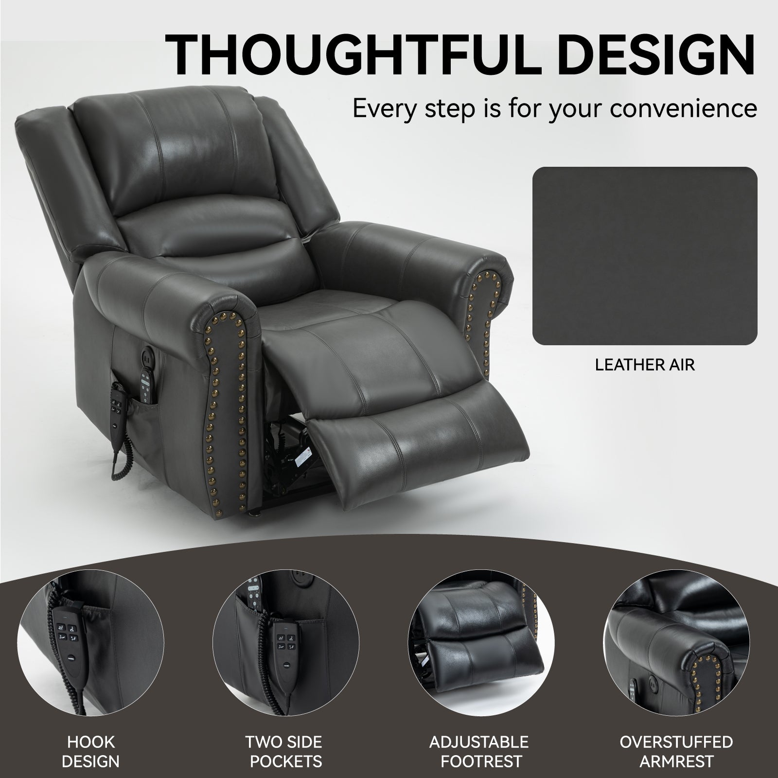 Power Lift Recliner Chair Heat Massage Dual Motor Infinite Position Up to 350 LBS, Faux Leather, Heavy Duty Motion Mechanism with USB Ports, Grey