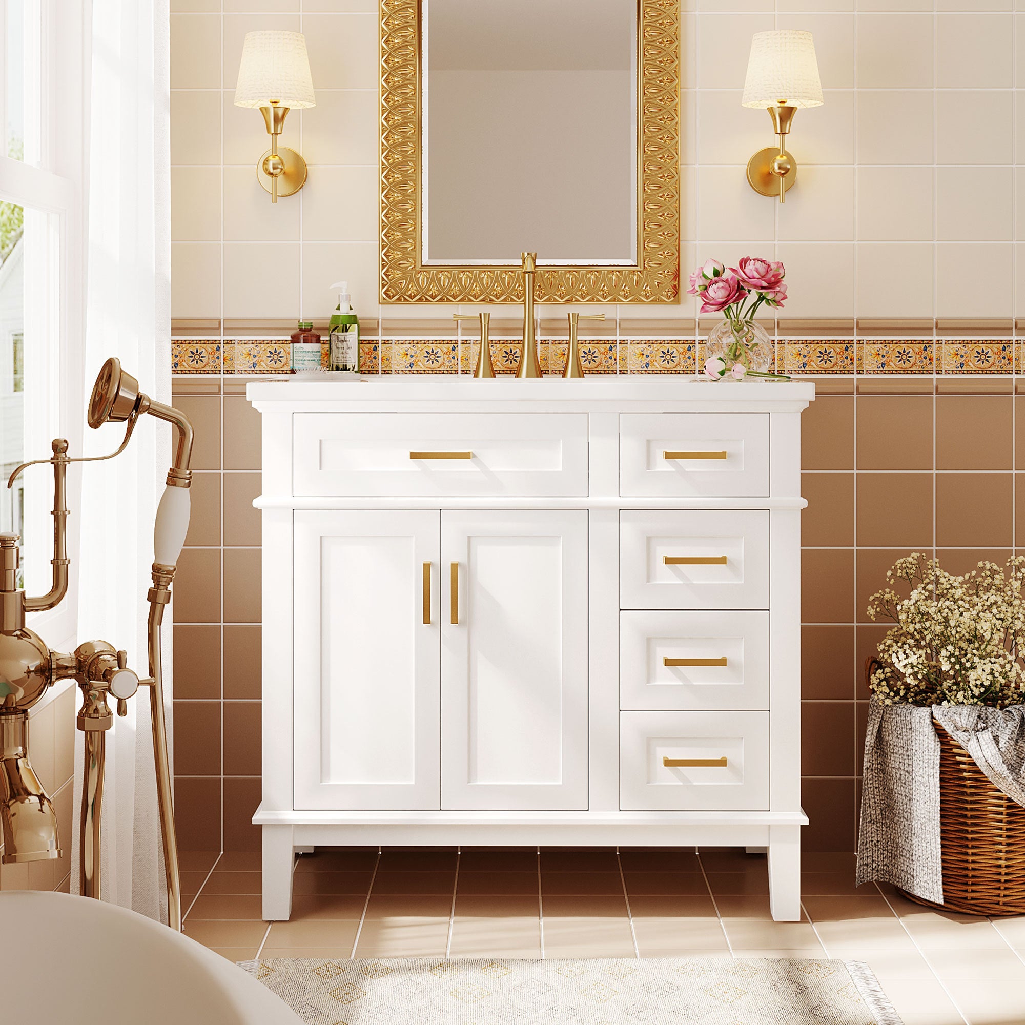 36-inch Bathroom Vanity with Resin Sink, Modern Bathroom Cabinet in White,Featuring Two Soft Close Doors and Four Drawers