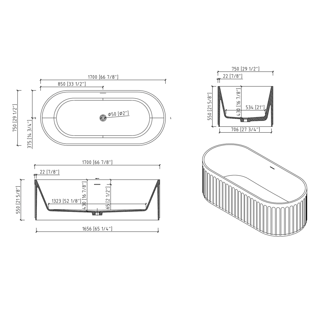 67" Luxury Handcrafted Stone Resin Freestanding Soaking Bathtub with Overflow in Matte White, cUPC Certified - 23S13-67