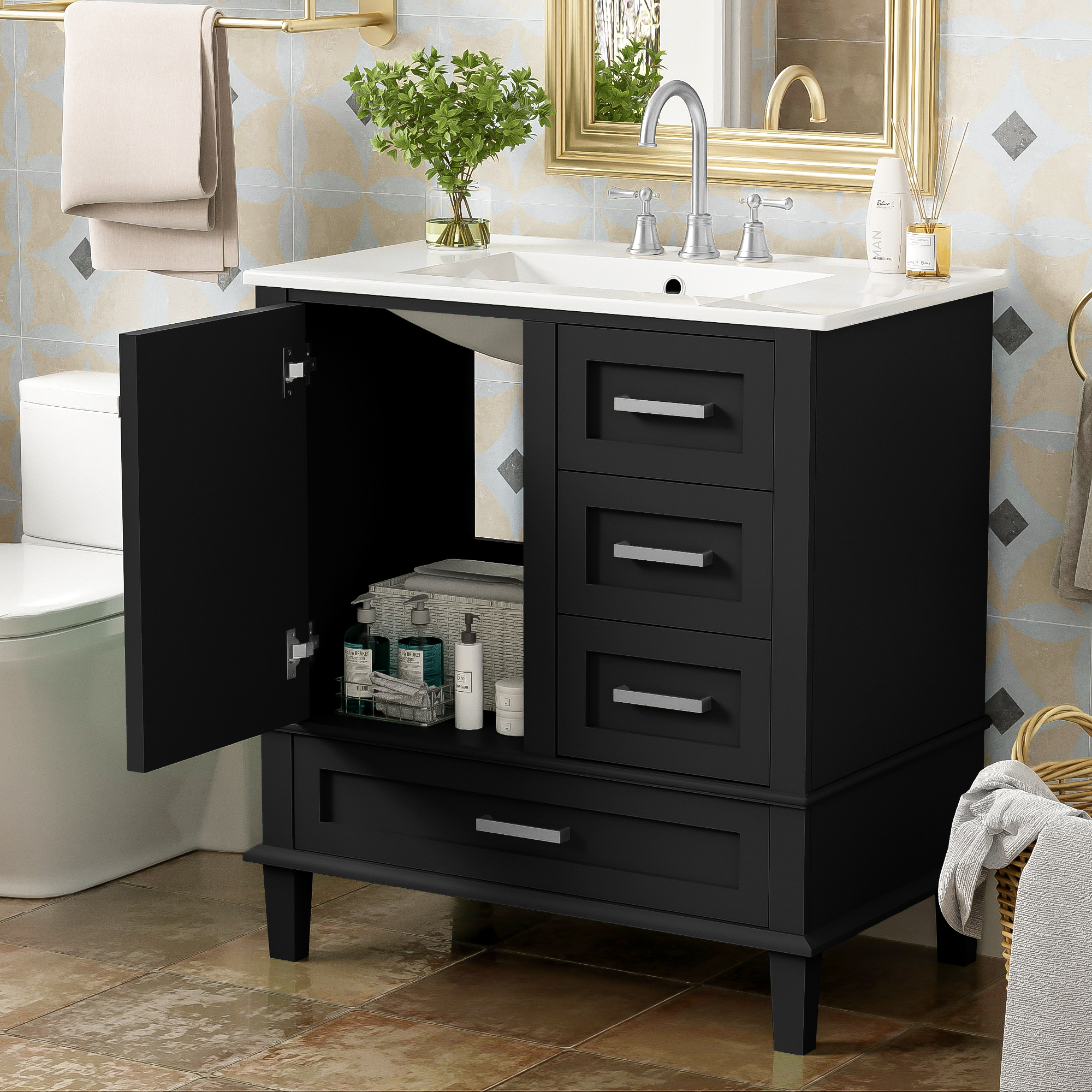 30" Bathroom Vanity , Modern Bathroom Cabinet with Sink Combo Set, Bathroom Storage Cabinet with a Soft Closing Door and 3 Drawers, Solid Wood Frame(Black)