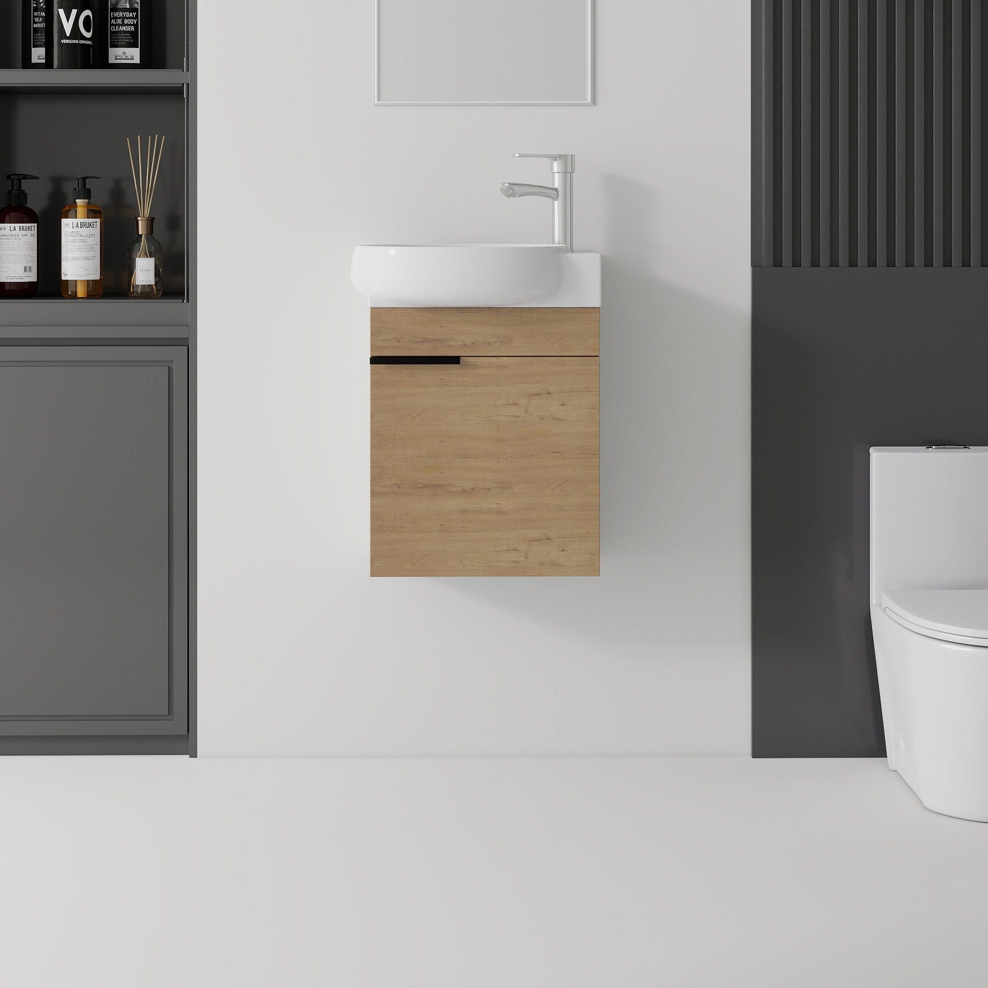 16 inch floating bathroom vanity in oak finish with ceramic sink, front view