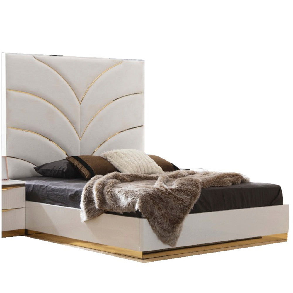 Gold Detailed Queen Size Upholstery Bed made with Wood in White