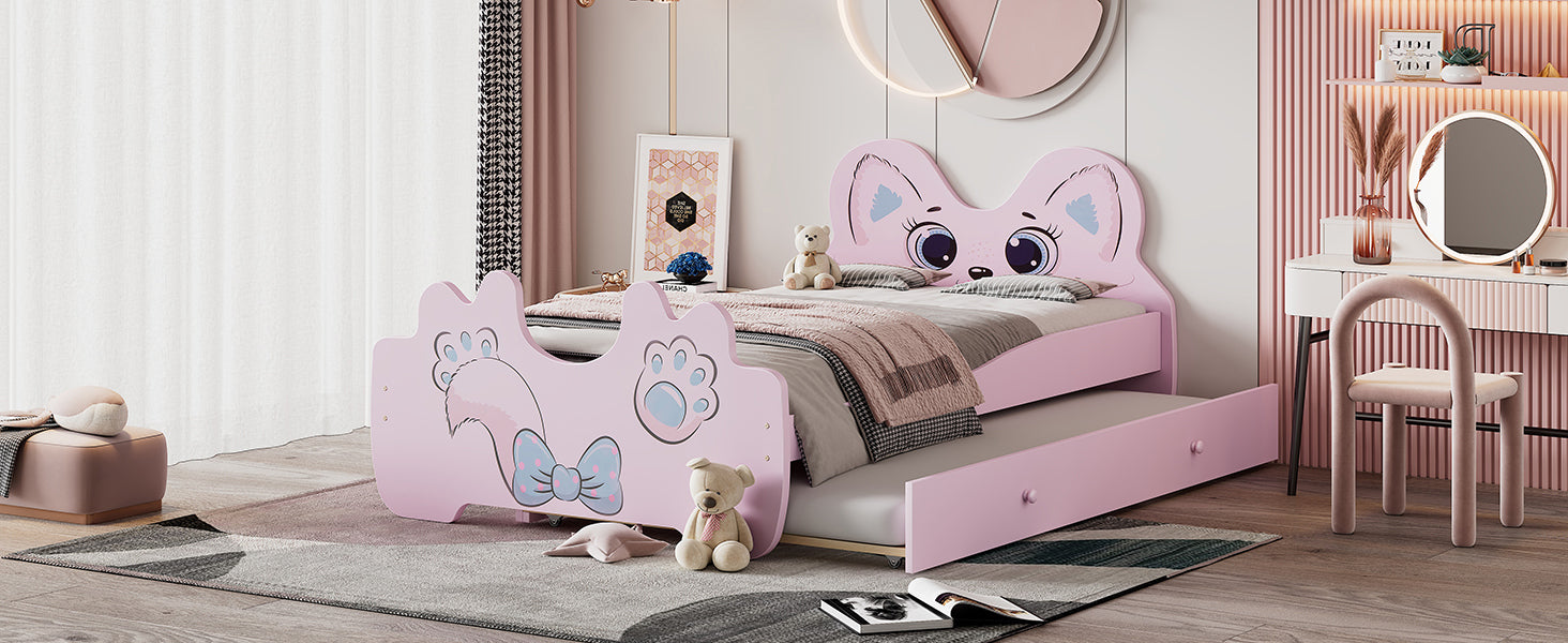 Cartoon Twin Size Platform Bed with Trundle, Pink