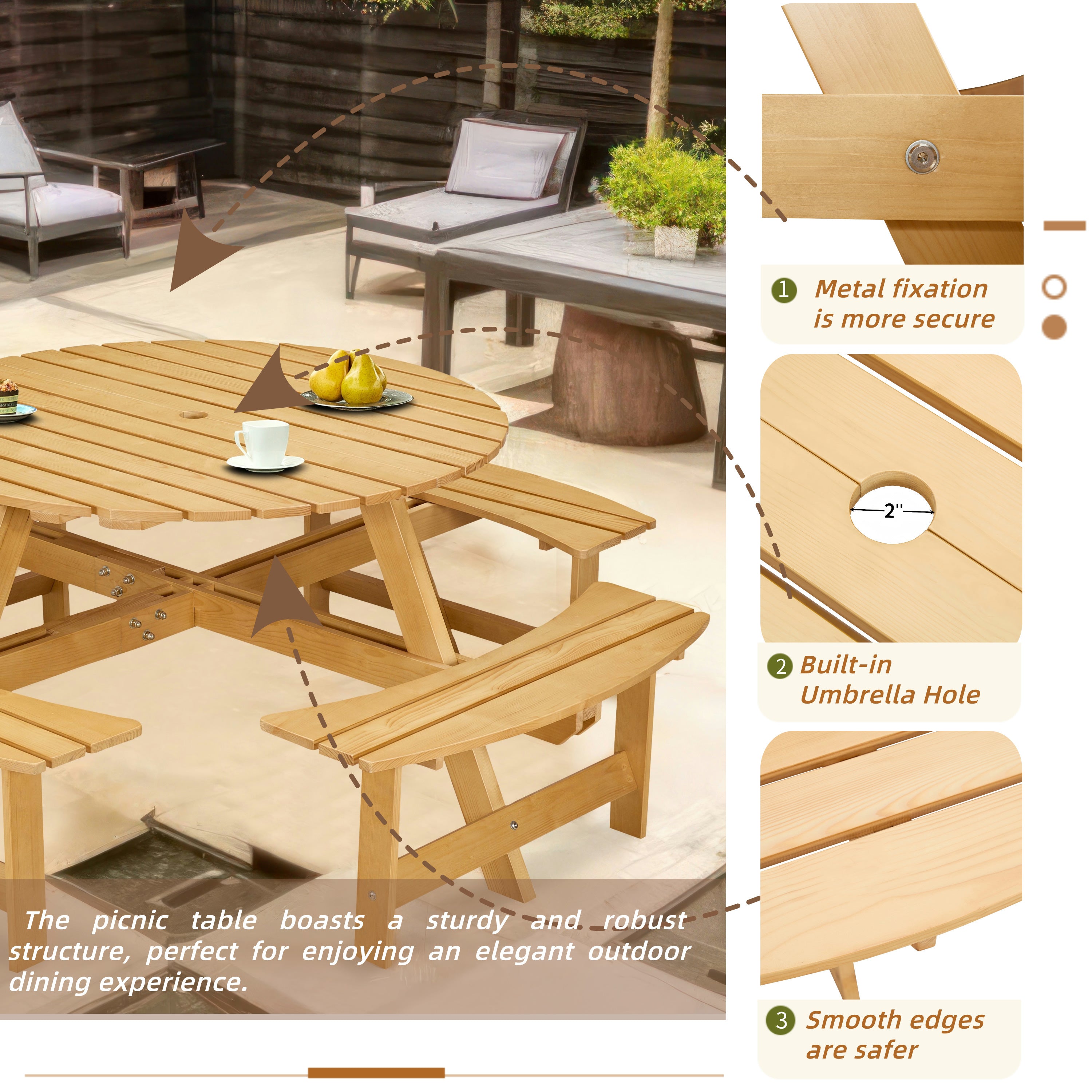 Outdoor 8 Person Picnic Table, 8 person Round Picnic Table with 4 Built-in Benches, Umbrella Hole, Outside Table and Bench Set for Garden, Backyard, Porch, Patio,  Natural