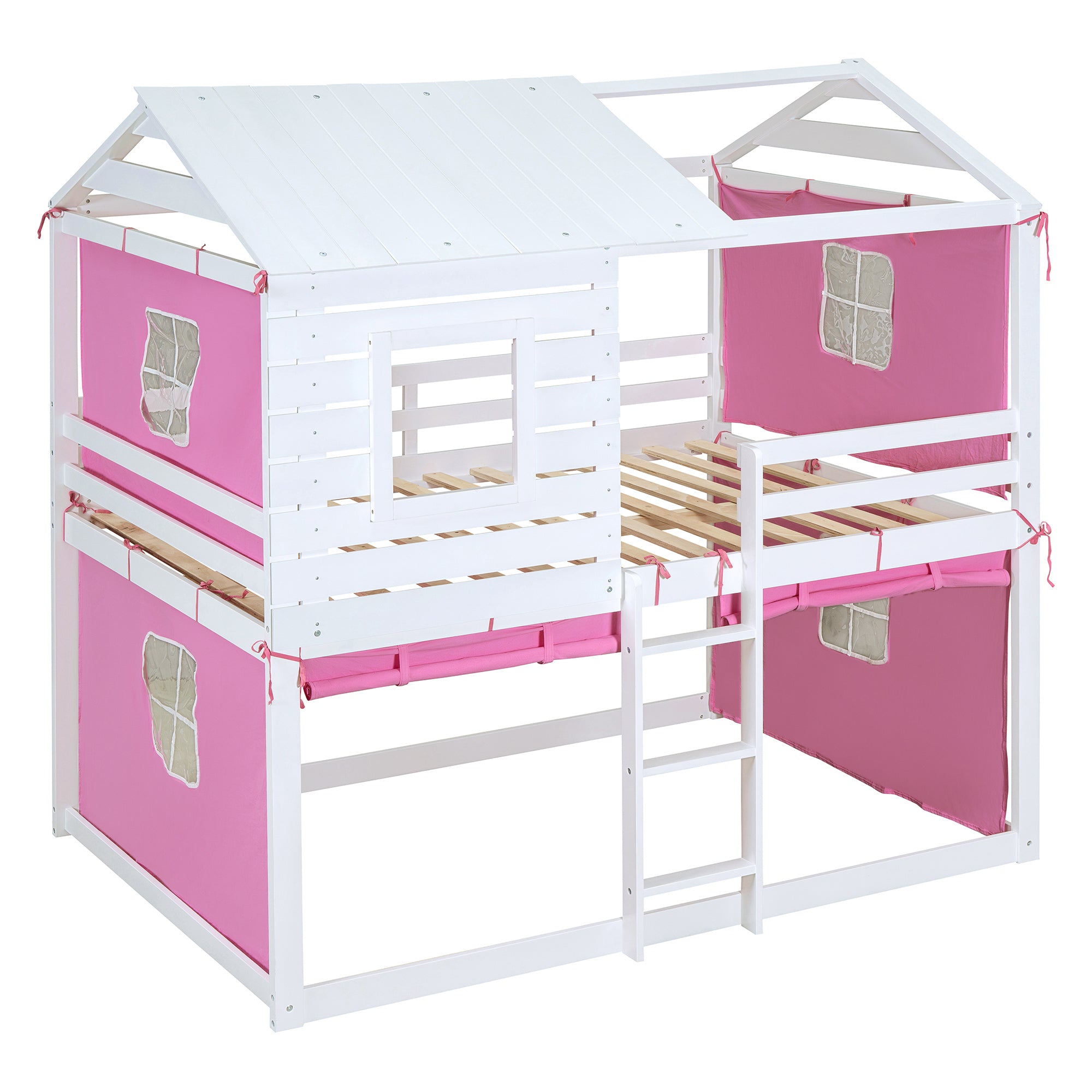 Full Size Bunk Wood House Bed with Tent, Pink+White