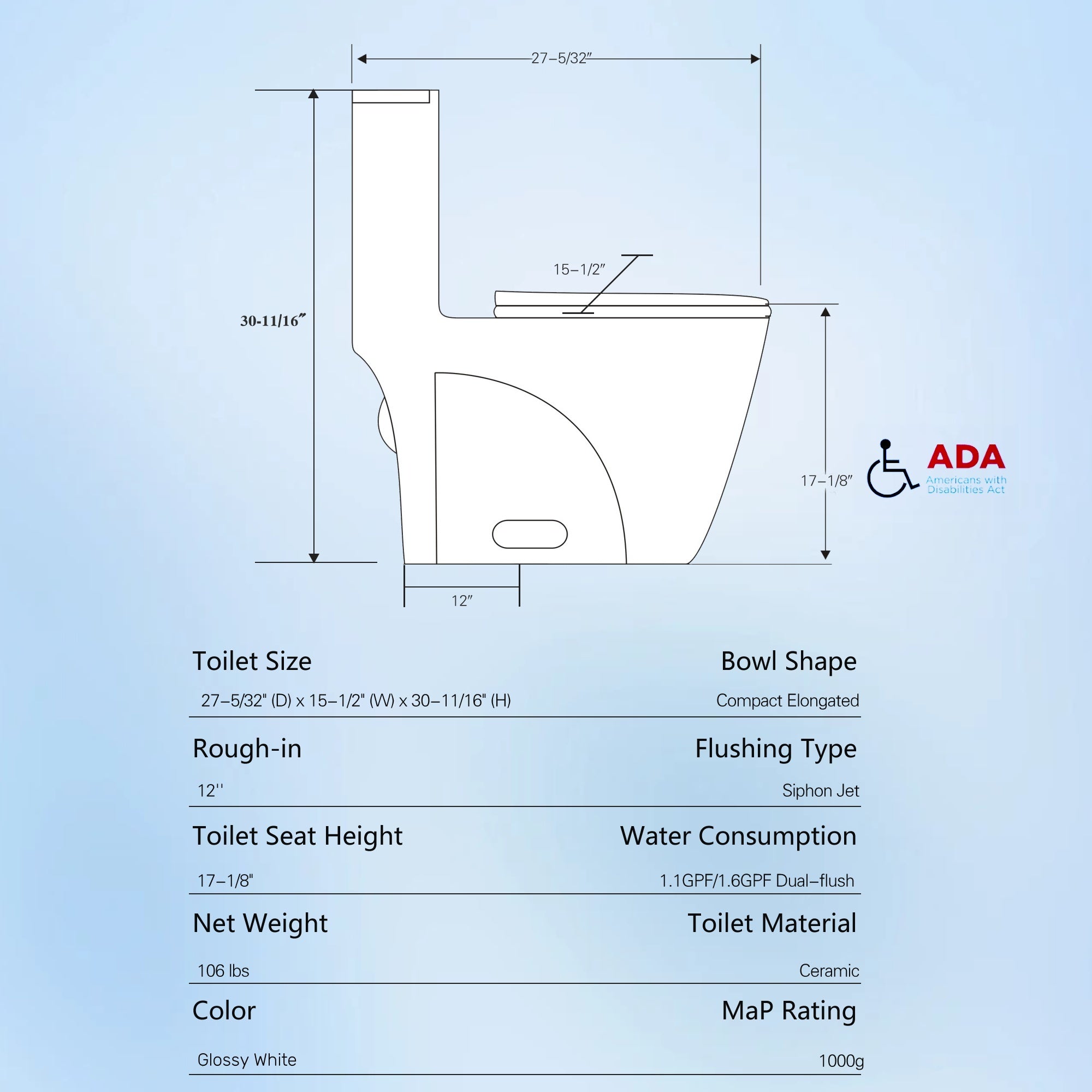 One-Piece Toilet, 1.1/1.60 GPF Water-Efficient Dual-Flush Elongated Comfort Height Floor Mounted, Standard-Size Toilet with Soft Closing Seat Included, Glossy White 23T01-GW-1