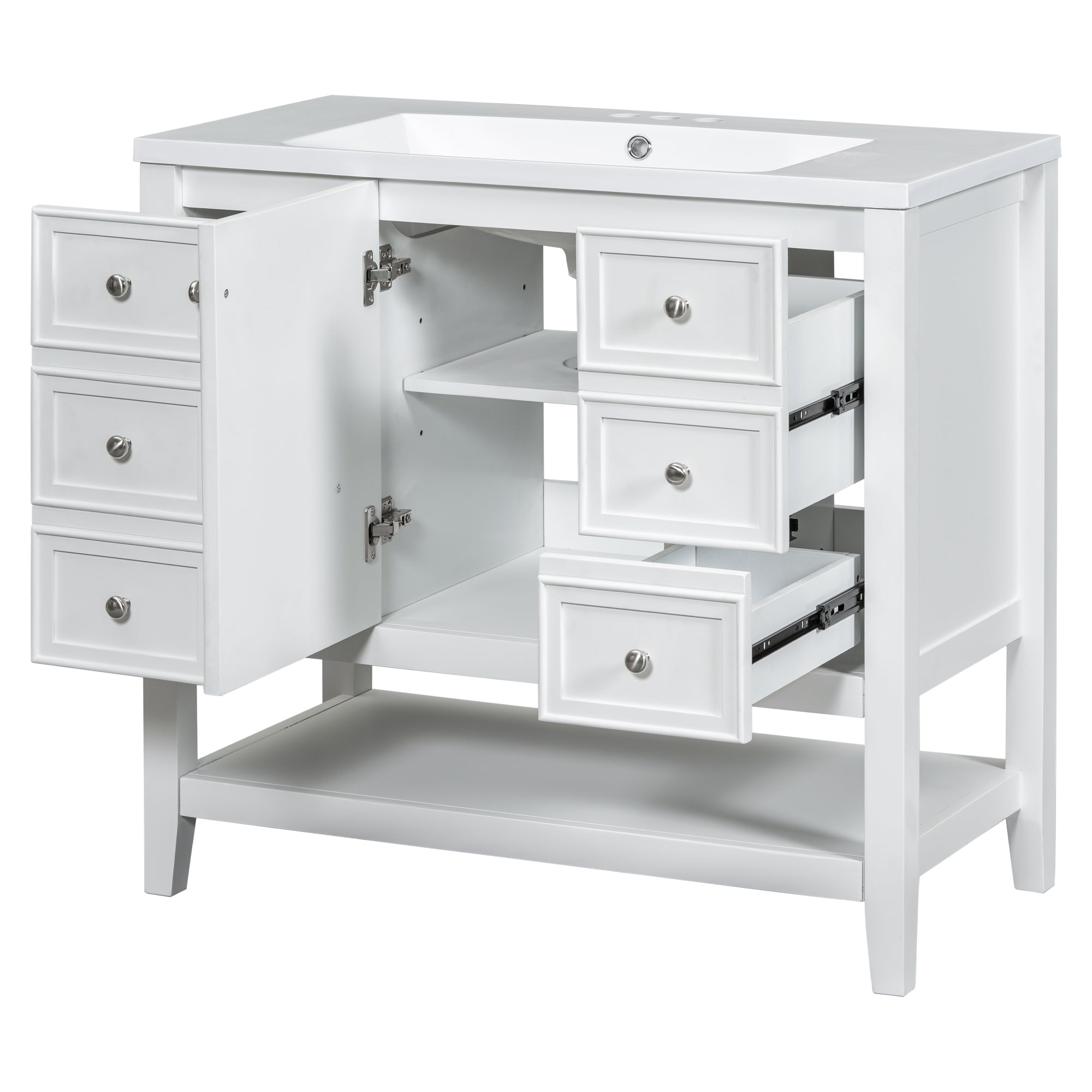 36" Bathroom Vanity with Sink Combo, One Cabinet and Three Drawers, Solid Wood and MDF Board, White