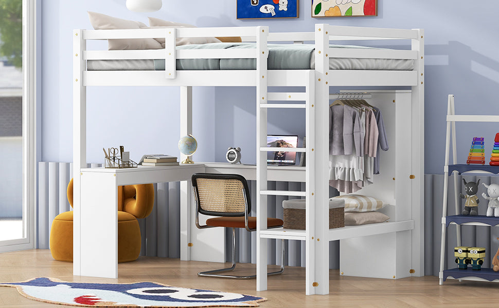 Twin Size Loft Bed with L-shaped Desk, Wardrobe and Storage Shelves, White