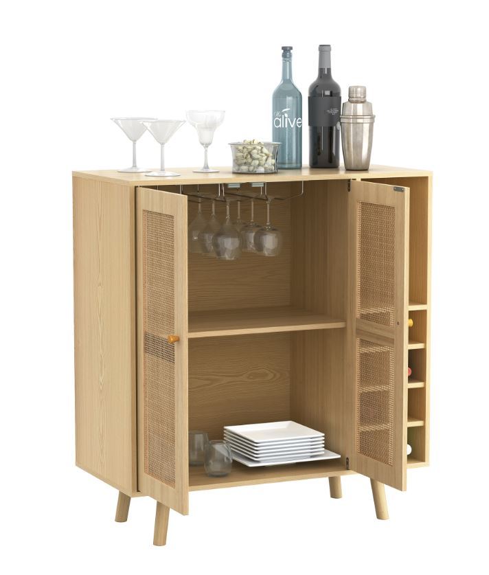 Bohemian Bar Cabinet, Natural Rattan Doors, Removable Wine Rack in Natural Wood