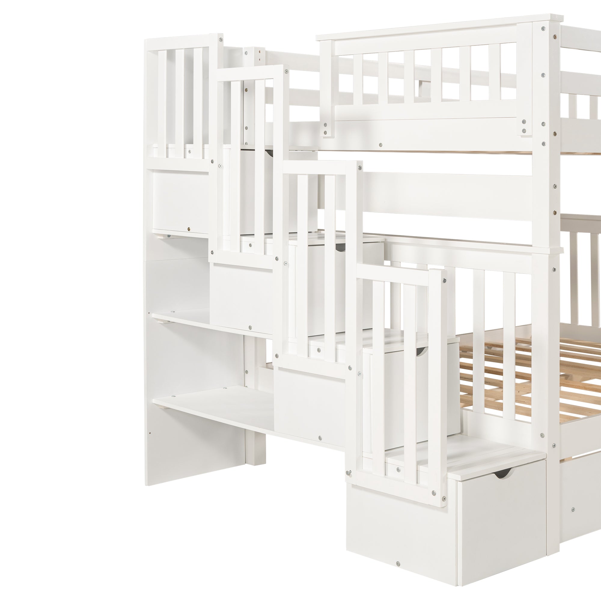 Full Over Full Bunk Bed with Shelves and 6 Storage Drawers, White(Old SKU:LP000046AAK)