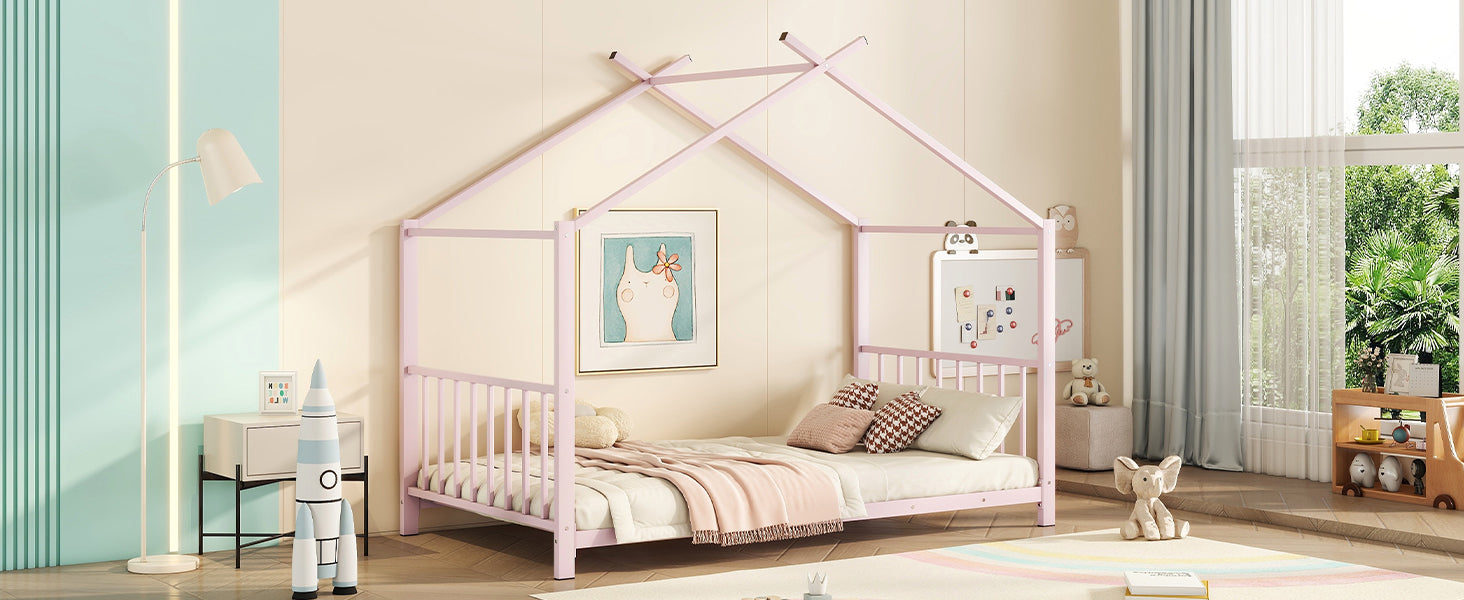 Twin Size Metal House Platform Bed, Pink