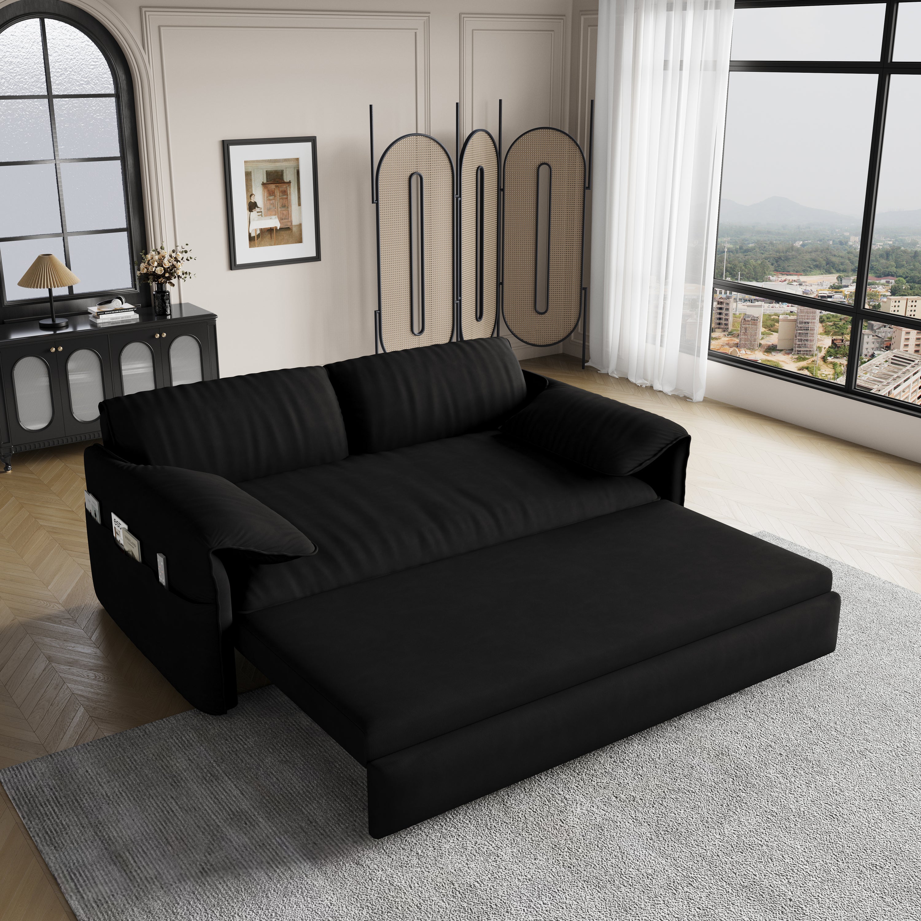 63.8" Queen Pull Out Sofa Bed, 3-in-1 Convertible Sleeper Sofa with Side Storage,Multi-Functional Velvet Loveseat Bed for Living Room,Bedroom,Apartment,Office,Black(Old Sku:W1885P151441/W1885P154638)